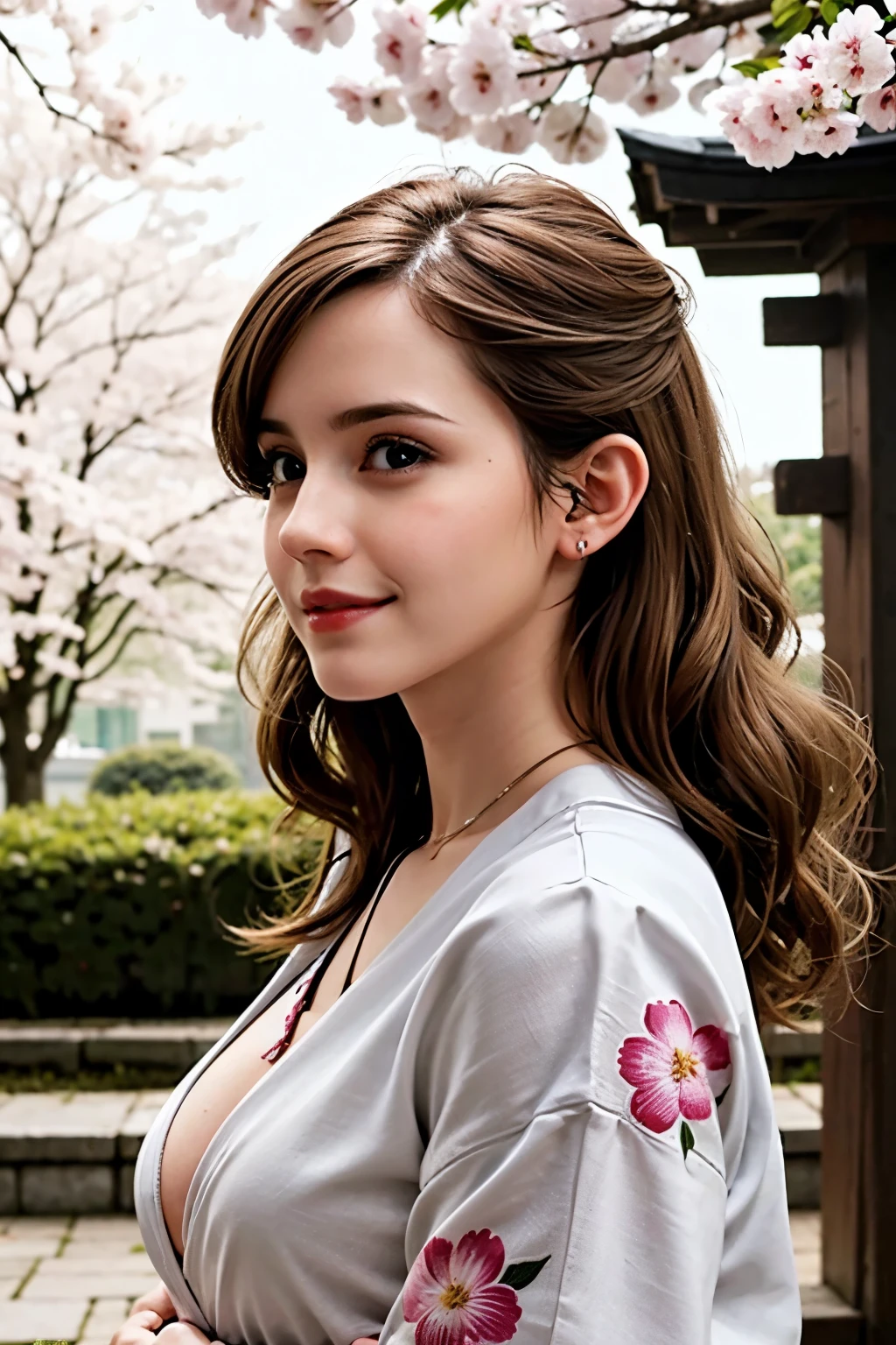girl, wearing Japanese clothes, Japanese garden in spring, The cherry blossoms have bloomed, big breasts, cleavage, looking up, profile, cowboy shot, blonde, movie lighting effects, wearing a kimono, Cherry blossoms are scattered, old Japanese hairstyle, sparkling eyes, blush, shy, red lips, , The wind is blowing, Hair blown by the wind, Make a smile with your fingers, Combing hair with your hands