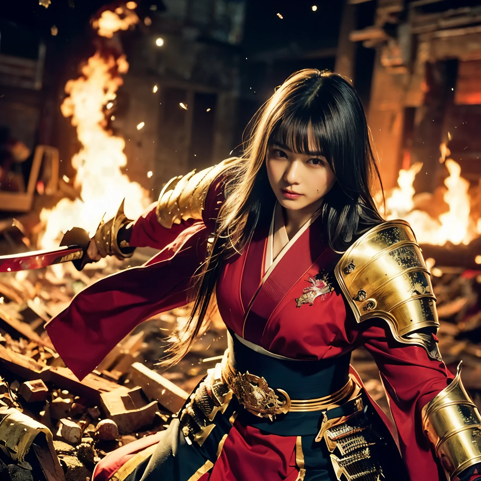 (((Realistic, masterpiece, best quality, crisp detail, high definition, high detail, rich detail, sharp focus, perfect studio lightning))), 20 years old assassin,((( in the middle of a war, kasumi arimura, wounded, attack stance, holding katana))), wearing (((fully decorated golden armor, armored kimono, blood scattered face, blood tears, blood bath, blood shed))), (((fire everywhere, blood everywhere, death everywhere, japan bakumatsu period, dead bodies,carcass,burned japanese castle,hellish,chaos)) traditional village background)