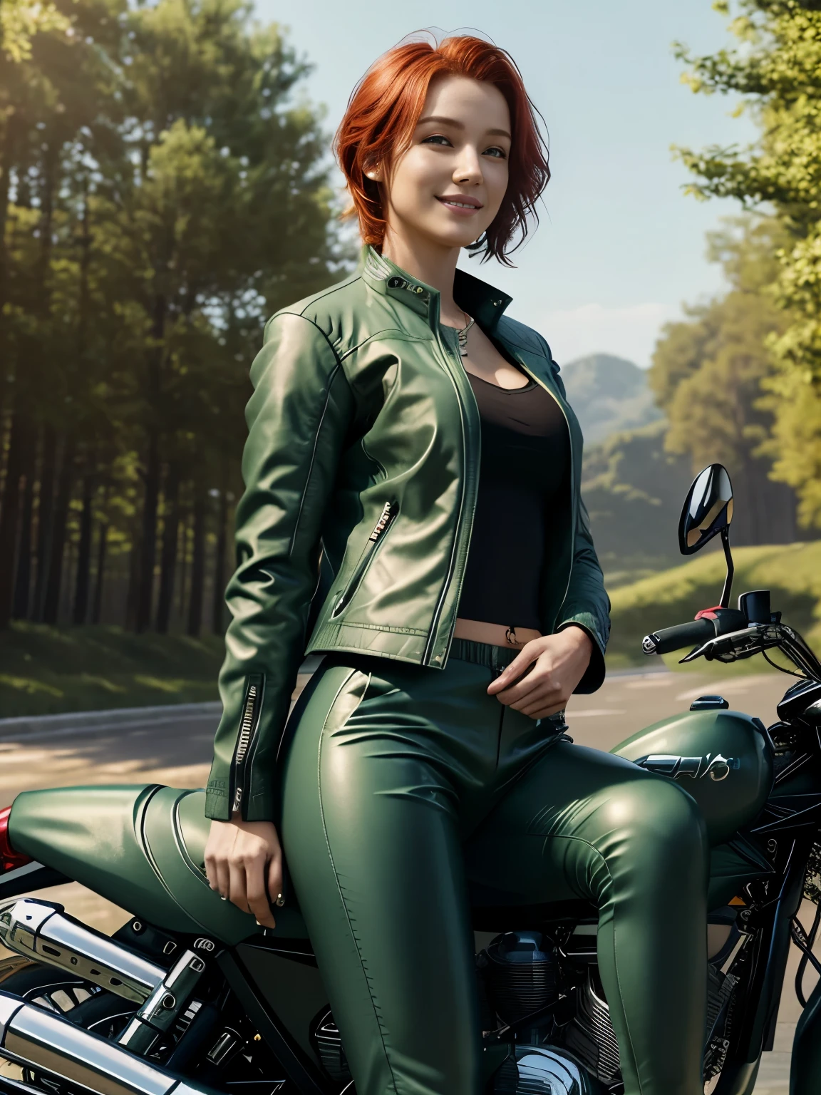 (realistic:1.5), 8K, Ultra-high definition beauty, 1 female, 30 years old, (a sunny day:1.5), intricate body details, (highest quality: 1.0), (Super high sharpness: 1.0),(Beautiful and delicate depiction of eyes),((((ride a motorcycle)))),unreal engine:1.4,photorealistic:1.4, skin texture:1.4, masterpiece:1.8,highest quality at best,full body shot、slender body、(((green riding jacket and long pants)))、long limbs、smile、((redhead short hair))