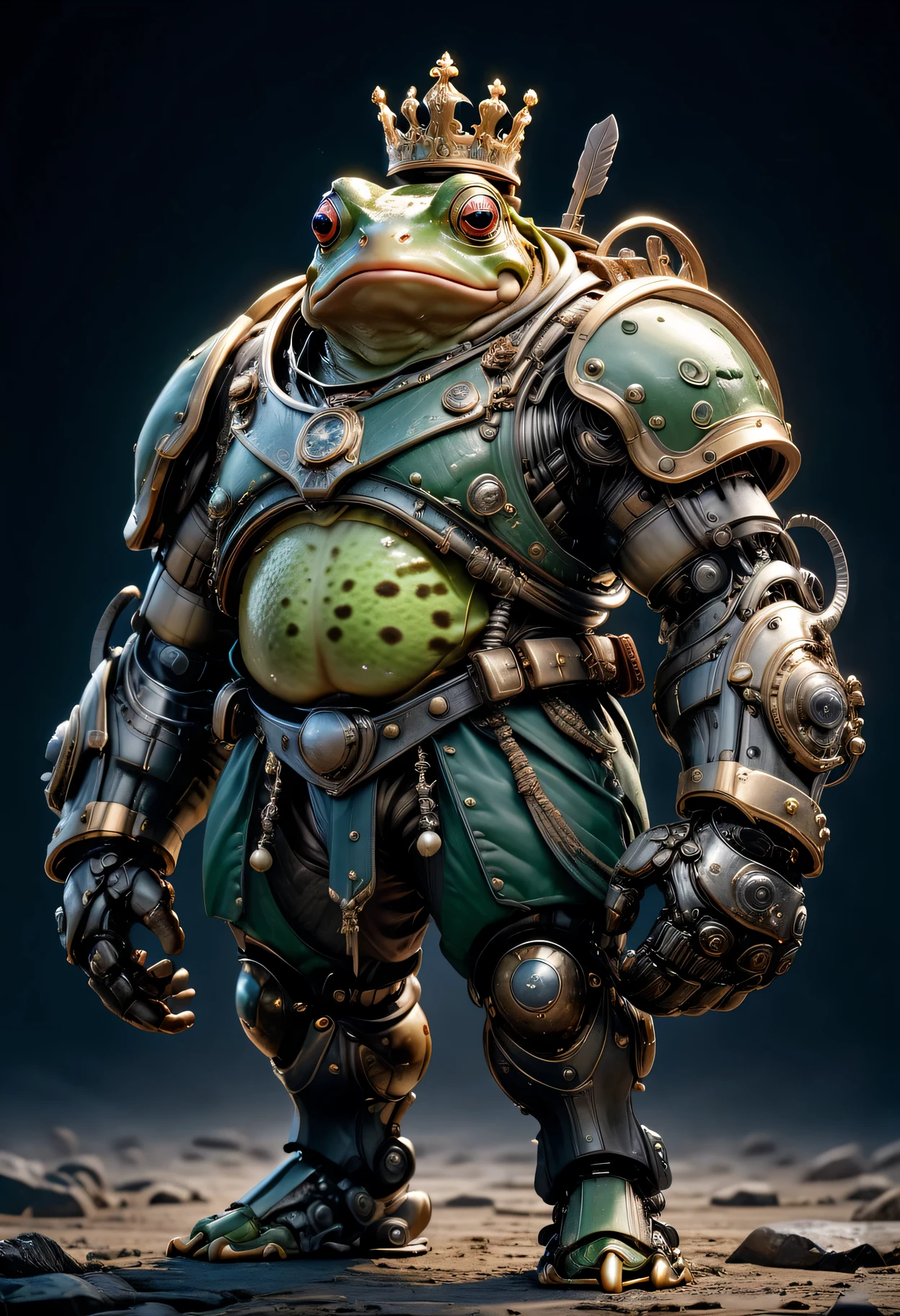 photorealistic portrait of Dressed animals - a ((fat)) frog warrior,(brave pose), high quality,(lovely) ,intricate detailed giant mechanical arms, highly detailed ((mechanical armor) ,,highly detailed decorations, , (brave), studio lighting,(full body image from head to toe:1.5)
