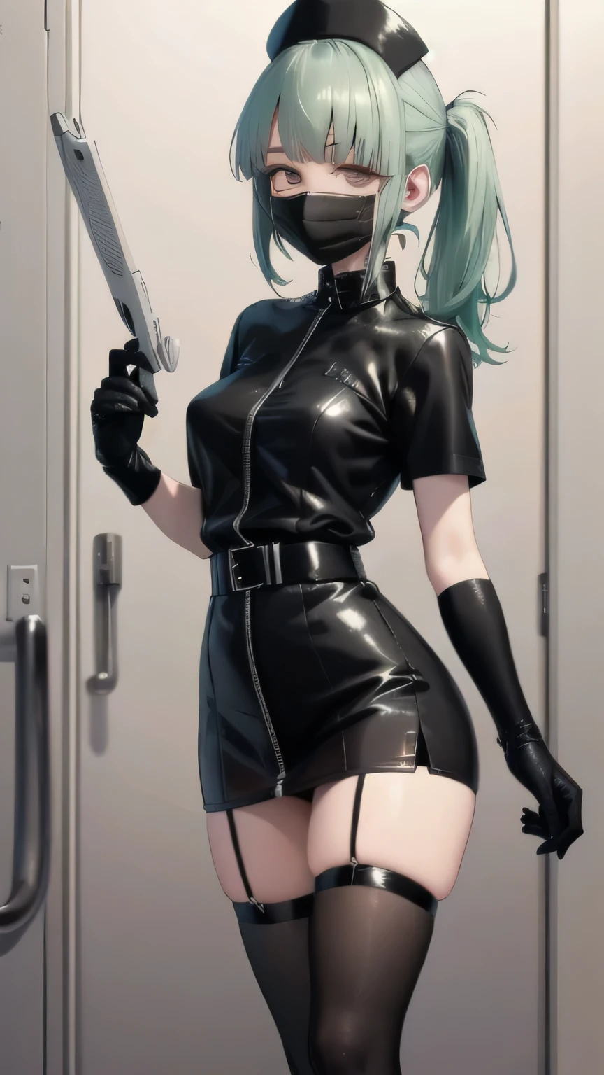 black nurse, 1 girl, alone, black nurse cap, black wear, ((black legwear, zettai ryouiki)), black elbow gloves, ponytail, green hair, pink eyes, ((black surgical mask, covered nose)), Are standing, ((operating room)), sharp outline, short sleeve, highest quality, masterpiece