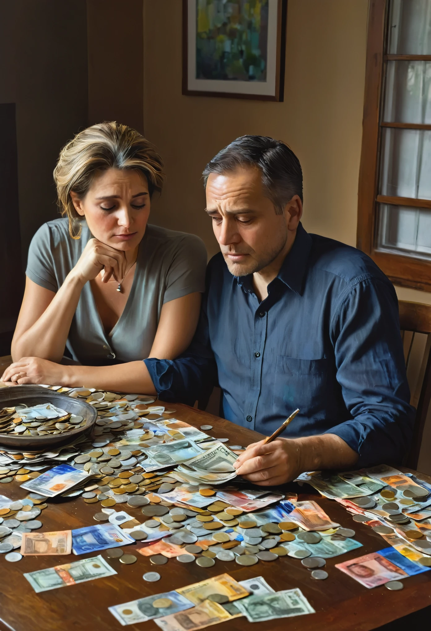 A man and his wife sitting at the table, bills spread out on the table, coins scattered among the bills, a look of concern and despair, detailed facial expressions and body language, natural lighting, realistic rendering, fine brush strokes, high resolution, professional painting, vivid colors, emotive portraits, somber color palette.