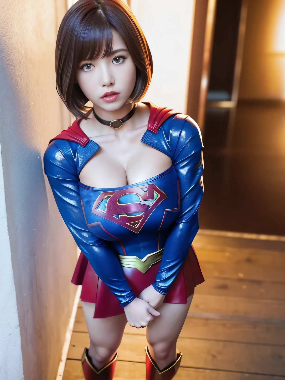masterpiece、supergirl costume、short hair、enamel boots、big and full breasts、standing posture、model body shape、shiny、long sleeve、looking at camera、choker、red mini skirt、Weekly magazine cover、gravure magazine、sweaty、whole body、from right in front、Crisis situation、