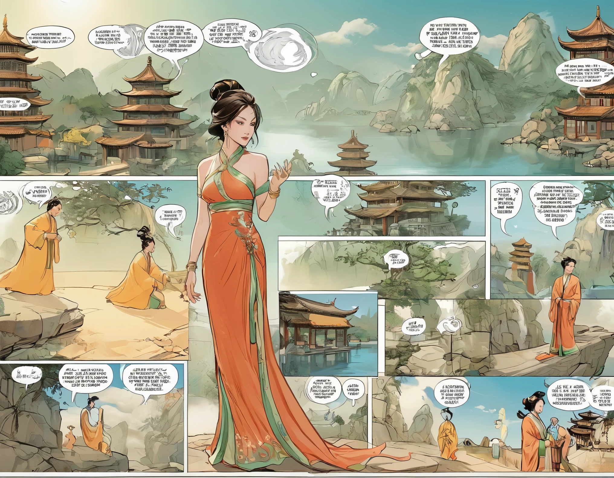 Comic storyboard:1.8, comic strip_layout,Chinese woman，The beautiful，Costume dress，edgBunny，full moon, 32K ，hyper HD, ， anatomy correct，fantasy，Comics-like panel layout, Voice balloons, English text, Hand drawn audio stickers used in comics