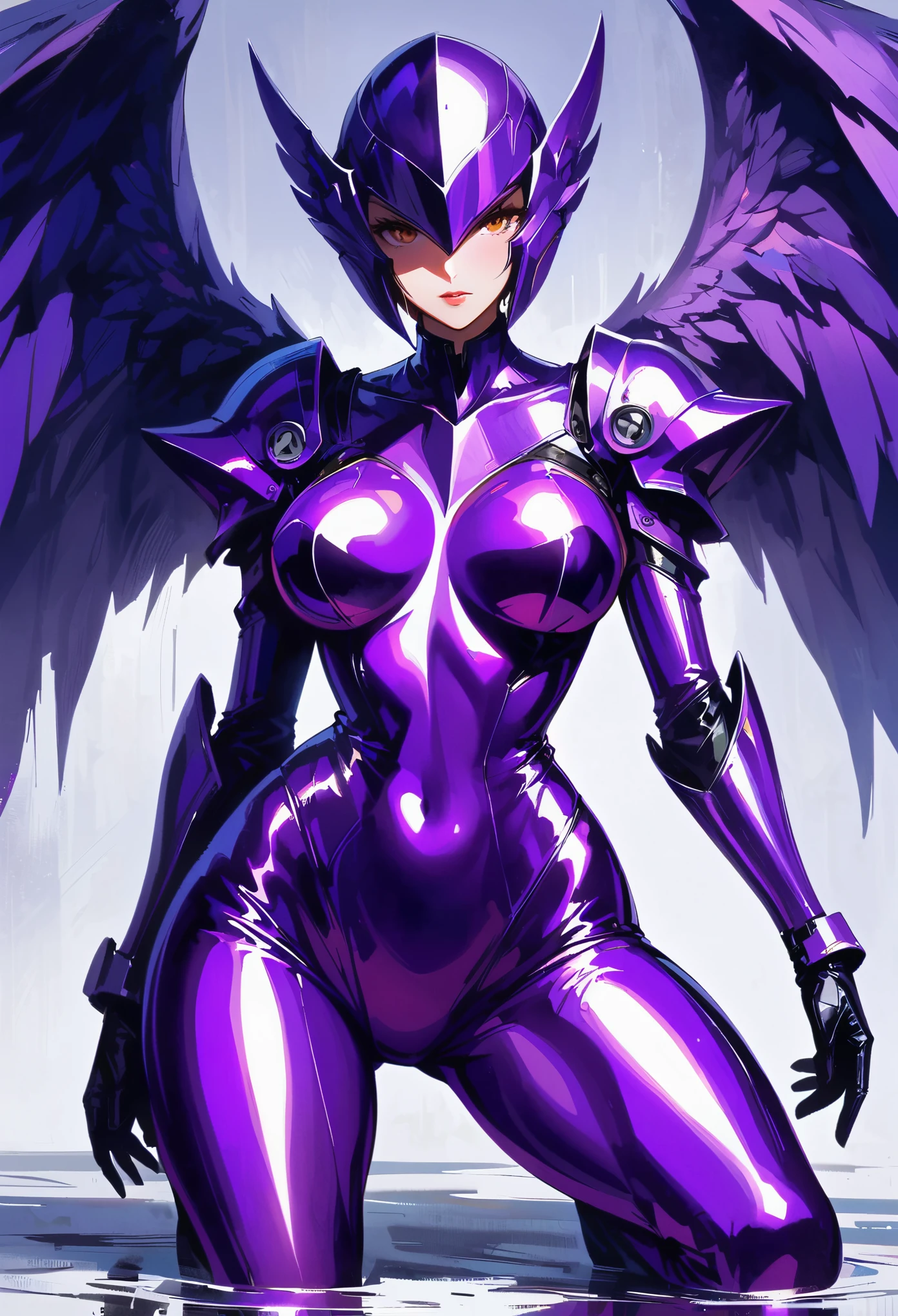 Allalyn in a shiny purple suit standing on the floor, latex shiny, Wearing Kudo Tsuko latex suit, wearing a tight suit, smooth的紫色皮肤, Purple body, shiny metallic skin, shiny plastic, Futuristic glossy latex suit, shiny plastic armor, shiny skin, body-hugging suit, wearing latex, shiny and metallic, glowing purple, smooth,Cloak, exoskeleton