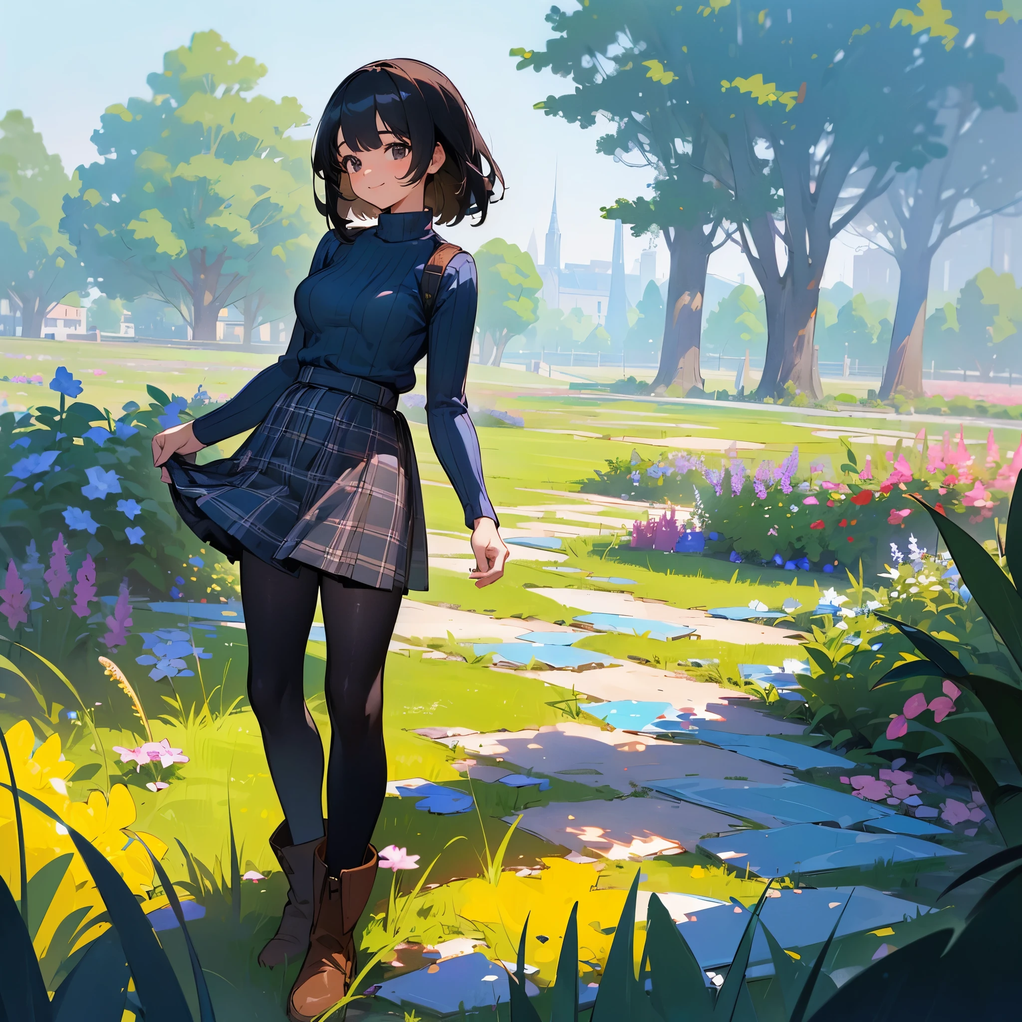 (high quality, High resolution, Super detailed, reality:1.37), peaceful atmosphere, (outdoor, garden), teenage girl standing alone, (my breasts are big.), Beautiful detail features, cute smile, (black bob hair), ribbed sweater, blue plaid skirt, black tights, brown boots.