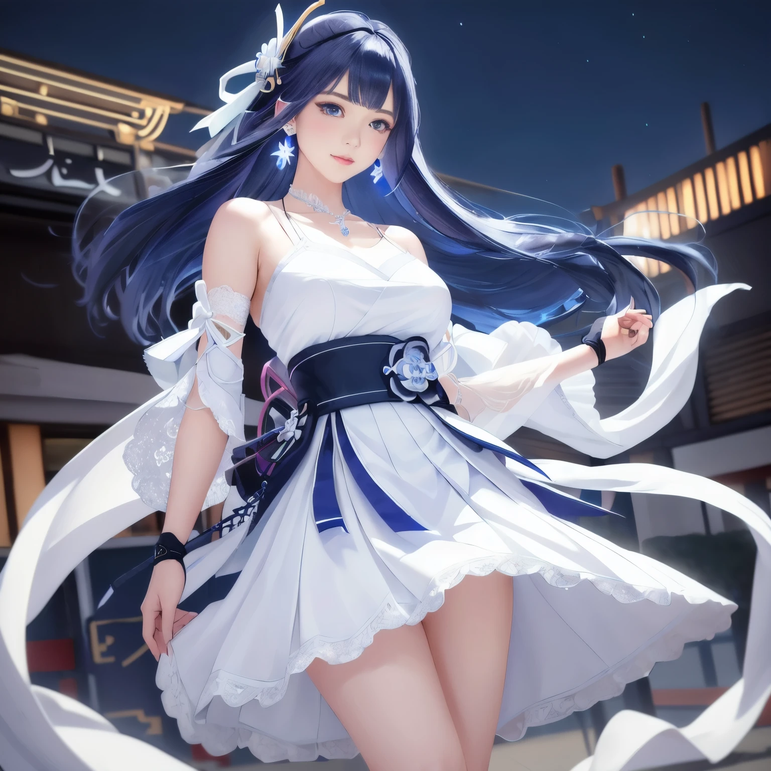 low angle,from below,very windy,skirt lift,panty shot,white elegant beautiful panties,
(1girl),(Raiden Shogun in Genshin Impact), ((masterpiece, highest resolution,best quality)), (beautiful illustration),(semi long beautiful dark blue hair),(beautiful blue eyes), (white elegant see through camisole), (looking at the viewer),
innocent smile, white over-kneehighs,Lace chalker, wristband, fingerless gloves, over-kneehighs,
Lace chalker, diamond necklace,wristband, fingerless gloves, earrings, windy,cinematic lighting, night, neon,entertainment street,
