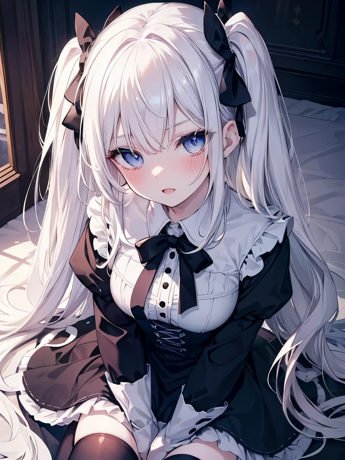 Masutepiece, Highest Quality, (Perfect face:1.1), (high detailing:1.1), (ultradetailed eyes),Dramatic,superfine illustration,Extremely detailed,1girl in,ager,(pale skin),long white hair,Ethereal eyes,Simple eyes,empty eyes,Blue eyes,blush,Solo,Smile,Happy,Laugh,Enjoy, Open mouth,Pouty lips,Cinematic lighting,upper body,looking up,leaning forward,Long sleeve,Gothic lolifrilld,bow ribbon,knee high socks,indoor,night