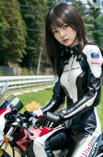 best quality, detailed, beautiful, insanely detailed, absurdres,perfect anatomy,
Japanese woman,black hair,27 years old,
(slender),
(small breasts),(long exposure:1.1),
full body shot, (Riding a motorcycle in a forward leaning position:1.3), (speeding down a straight road:1.2), (white and red racing suit :1.2), (angle from below:1.3)