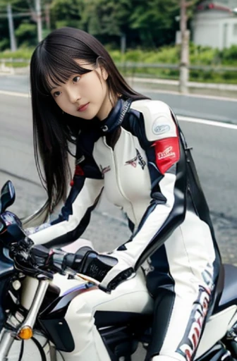 best quality, detailed, beautiful, insanely detailed, absurdres,perfect anatomy,
Japanese woman,black hair,27 years old,
(slender),
(small breasts),(long exposure:1.1),
full body shot, (Riding a motorcycle in a forward leaning position:1.3), (speeding down a straight road:1.2), (white and red racing suit latex:1.2), (angle from below:1.3)