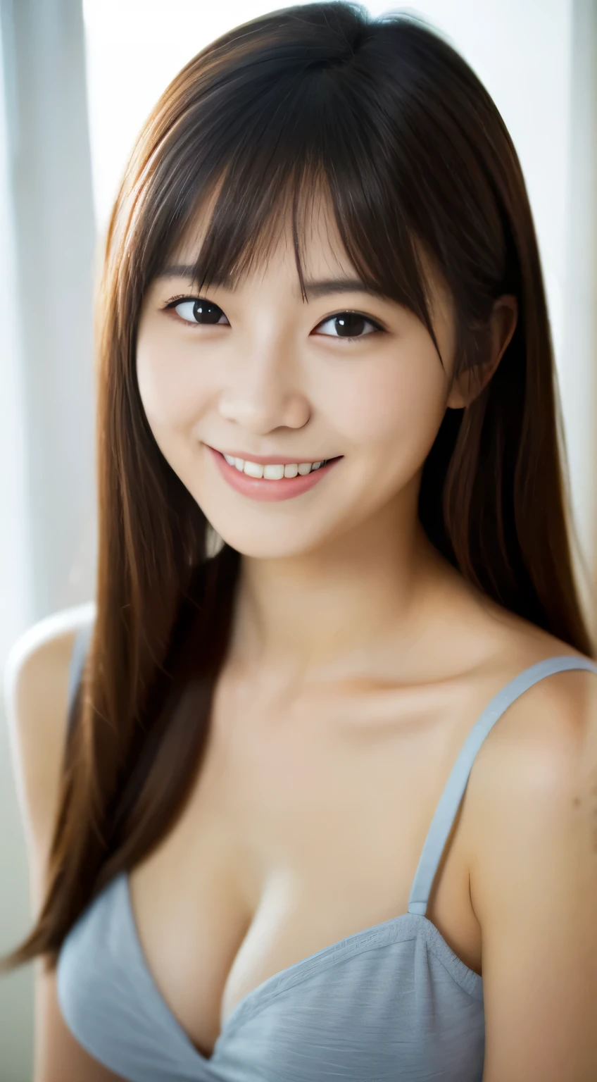 masterpiece,best quality,(Japanese ),((Beautiful girl)),cleavage,room,(perfect body beauty:1.2),(shy smile),beautiful teeth,