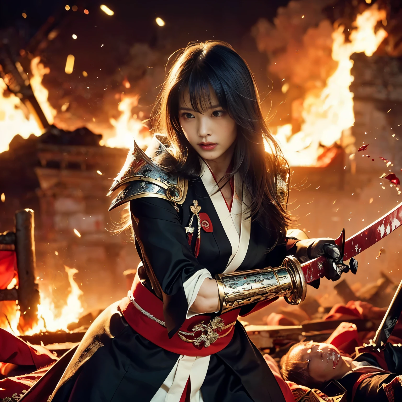 (((Realistic, masterpiece, best quality, crisp detail, high definition, high detail, rich detail, sharp focus, perfect studio lightning))), 20 years old assassin,((( in the middle of a war, kasumi arimura, severely wounded, attack stance, holding katana))), wearing (((fully decorated golden armor, armored kimono, blood scattered face, blood tears, blood bath, blood shed))), (((fire everywhere, blood everywhere, death everywhere, japan bakumatsu period, dead bodies,carcass,burned japanese castle,hellish,chaos)) traditional village background)