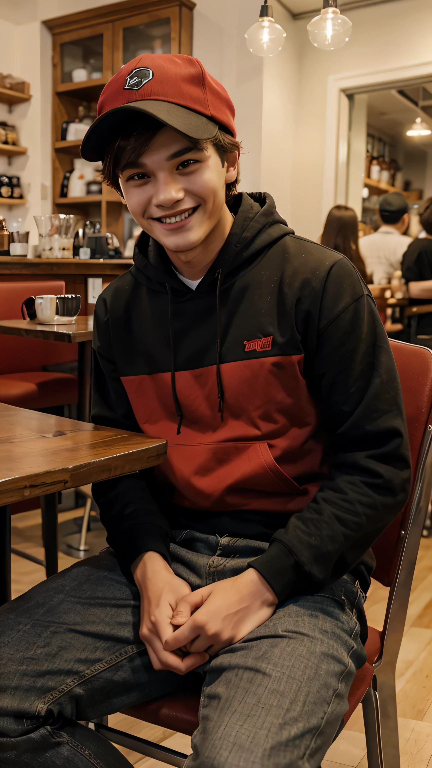 A 20 year old man is sitting in a cafe chair, wearing a red and black hoodie, wearing a black hat, smiling