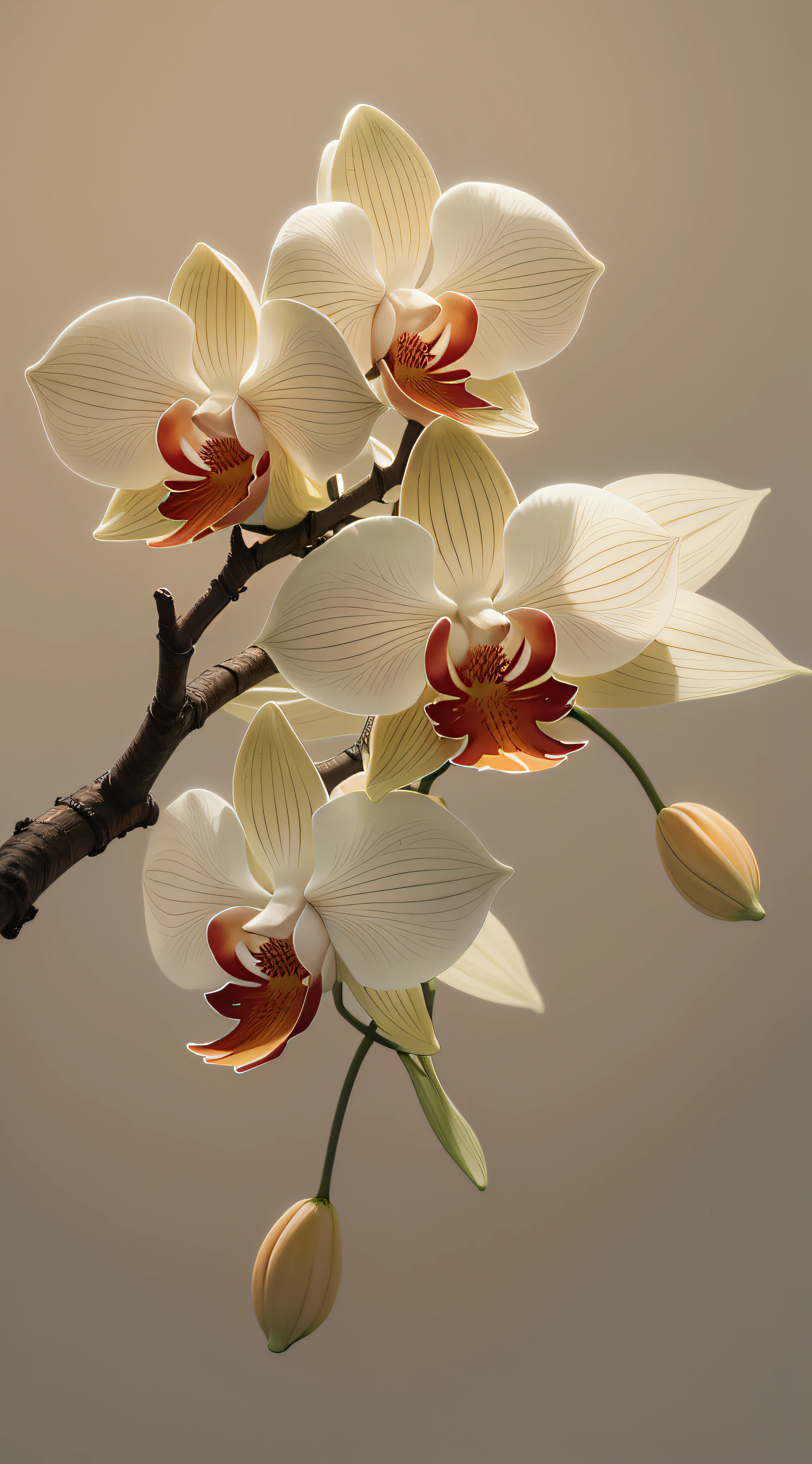 flower orchids blooming on a twisted branch against a gray background, fondo sencillo, en estilo naranja claro y beige claro, minimalist images, photo installations, paleocore, green and crimson, hyperrealistic poetic intimacy 768X2048 --auto --s2