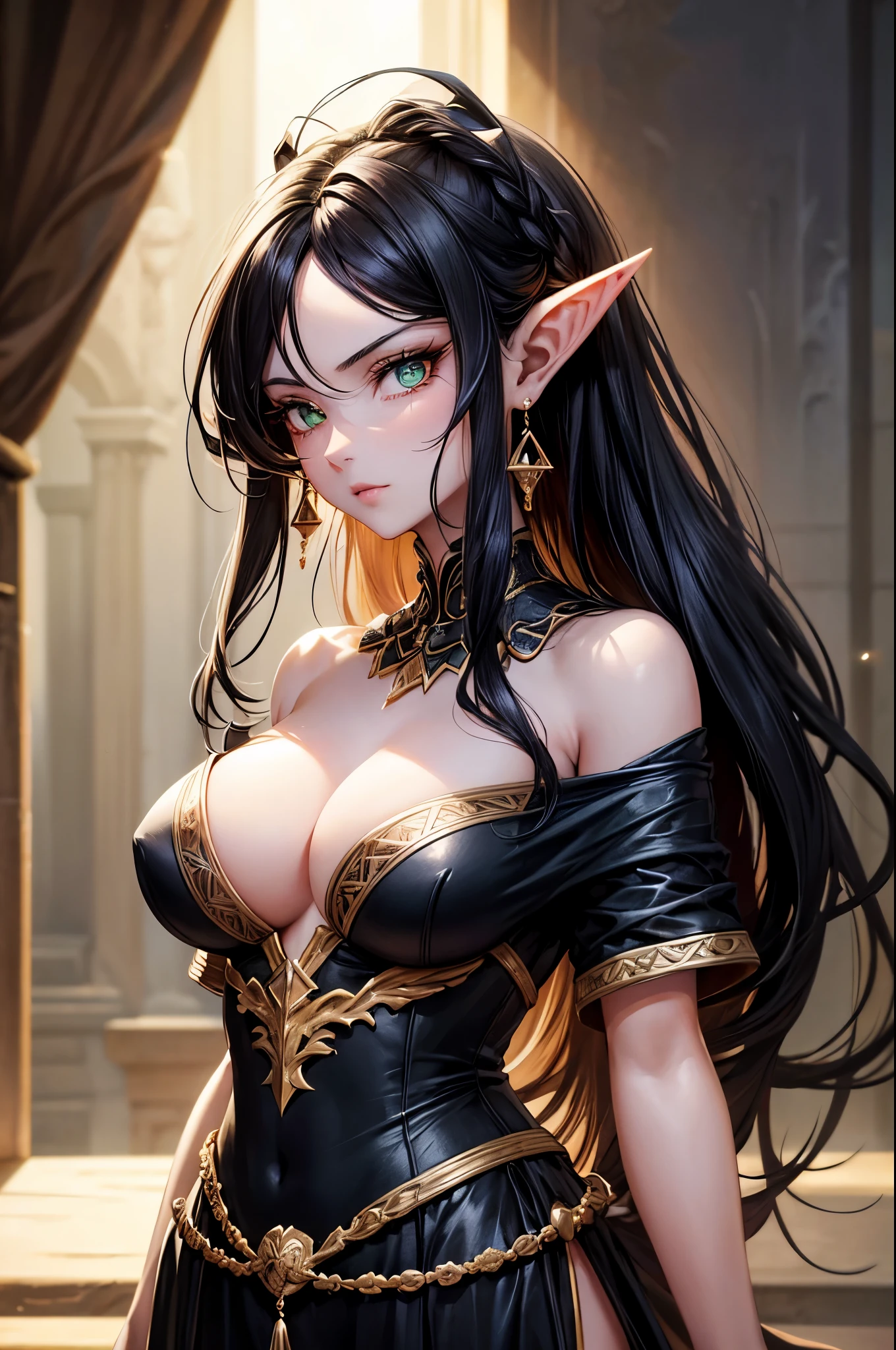 black hair, messy hair, long hair, green eyes, ringed eyes, mature, womanly, beautiful, sculpted body large breasts,colored eyelashes, pointy ears, long pointy ears, earrings, wide shot, lens flare, anime style, chiaroscuro, depth of field, god rays, UHD, high details, best quality, highres, 4K, award winning, high quality, textured skin, super detail, masterpiece, simple medieval clothes,