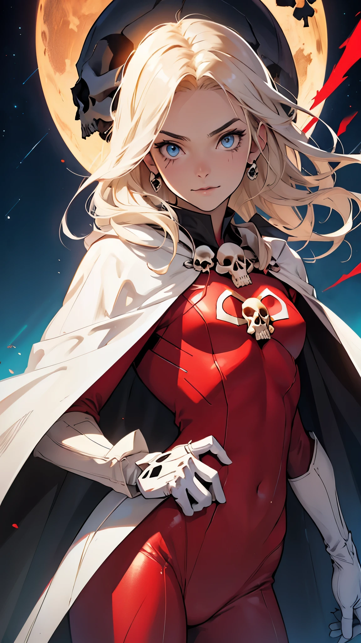 (masterpiece, super quality, beautiful detail, ultra-fine, 16K, exquisite, absurd, high resolution, beautiful background, beautiful eyes, beautiful skin, anime style), retro art style, one person, girl, solo, queen-esmerald, very Long eyes, blue eyes, very long eyelashes, blond hair, long hair, (long front: 1.1), very long hair, frizzy hair, (scar on cheek: 1.3), slender body, very small breasts, belt, BREAK (white gloves: 1.3), BREAK (black cape: 1.3), BREAK ((red bodysuit: 1.5, skull symbol on chest: 1.5)), BREAK sword, gun, sword, ascot, star \(sky\) , cinematic lighting, spaces, holsters