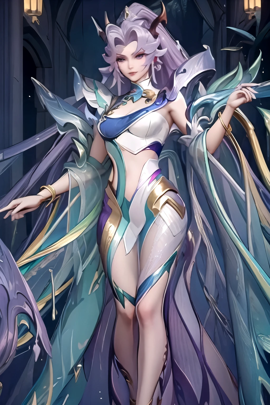 masterpiece, best quality,
lllm, 1girl, solo, long hair, bangs, large breasts, hair ornament, dress, long hair, purple eyes, ponytail, purple hair, pink eyes, white dress, from side, official alternate costume, monster girl, barefoot, jewelry, bracelet, floating, shawl, anklet, heterochromia, navel, clothing cutout, feet out of frame, tassel, floating, holding polearm, hair bun, seductive smile,crossed legs, sitting on object, indoors, from below