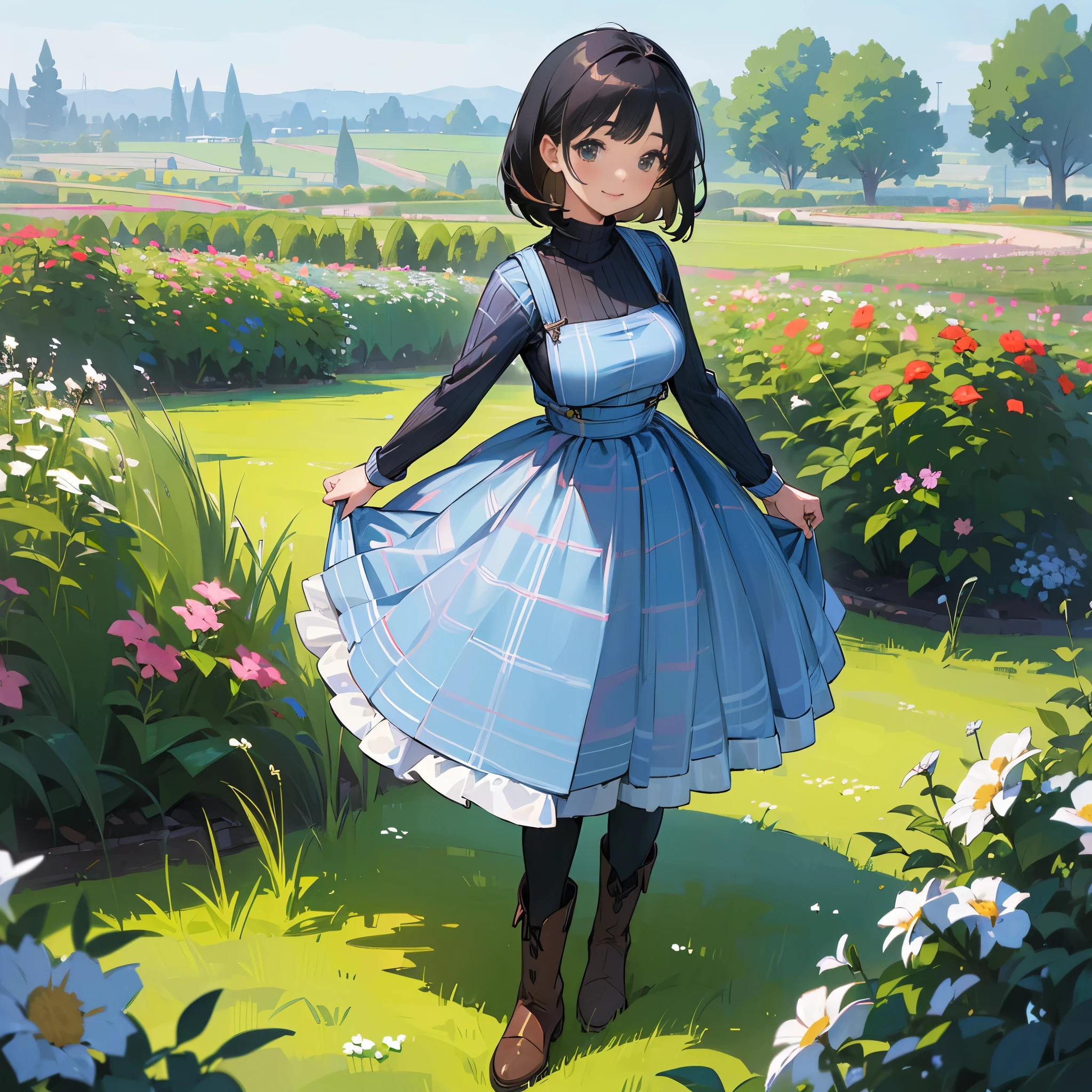 (high quality, High resolution, Super detailed, reality:1.37), peaceful atmosphere, (outdoor, garden), girl standing alone, (my breasts are big.), Beautiful detail features, cute smile, (black bob hair), ribbed sweater, blue plaid skirt, black tights, brown boots.