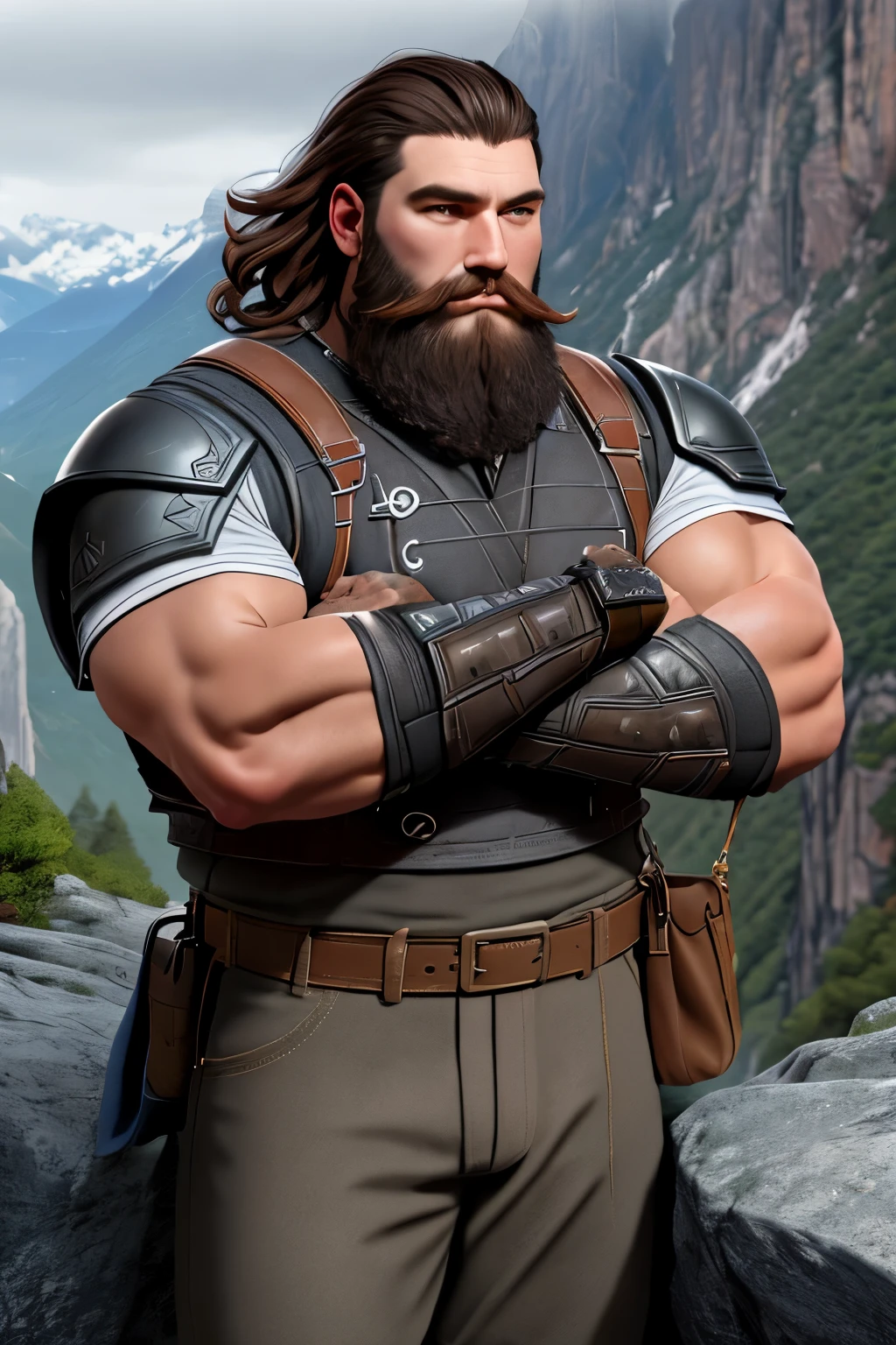 close up 1man in, bearded, Solo, brown hair, messy brown hair, short hair, dark eyes,  taned skin, heavy set, big boned, strong, thick body, manicured beard, grey strip in beard, detailed skin, neutral face, (wearing Hunter armor, leather pants, van braces, big boots, fingerless gloves: 1.1), (crossing arms: 1.22), (detailed mountainous background:1.1), valley, overlooking waterfall, 4k textures, soft light, elegant, highly detailed, sharp focus, soothing tones, insane details, intricate details, hyperdetailed, low contrast, exposure blend, hdr, faded