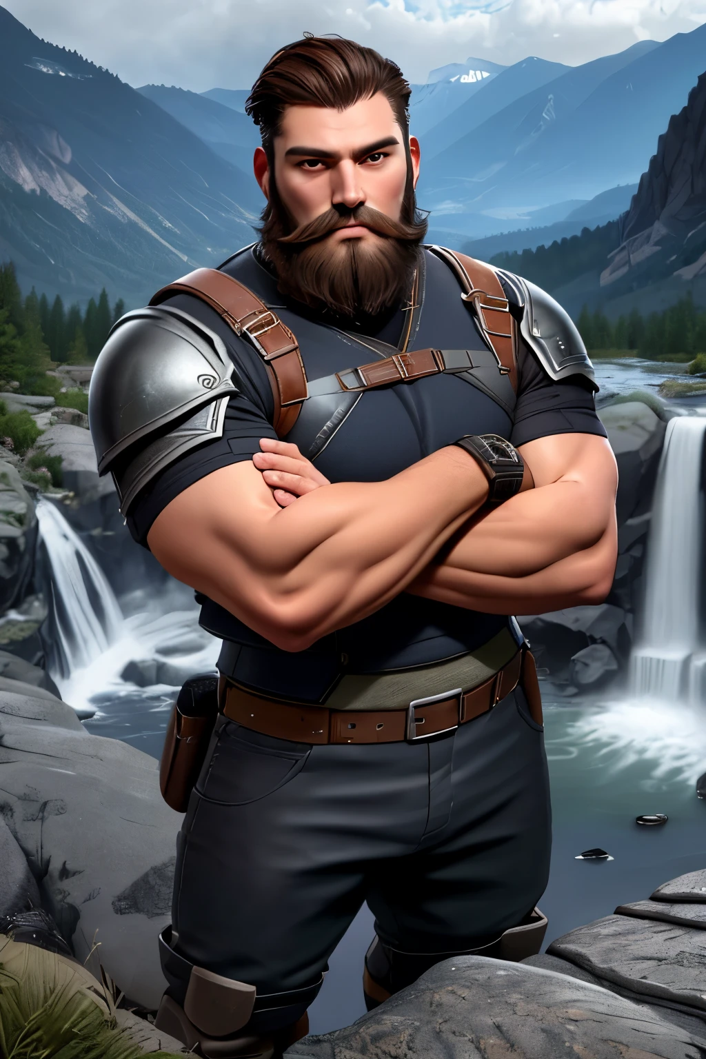 close up 1man in, bearded, Solo, brown hair, messy brown hair, short hair, dark eyes,  taned skin, heavy set, big boned, strong, thick body, manicured beard, grey strip in beard, detailed skin, neutral face, (wearing Hunter armor, leather pants, van braces, big boots, fingerless gloves: 1.1), (crossing arms: 1.22), (detailed mountainous background:1.1), valley, overlooking waterfall, 4k textures, soft light, elegant, highly detailed, sharp focus, soothing tones, insane details, intricate details, hyperdetailed, low contrast, exposure blend, hdr, faded