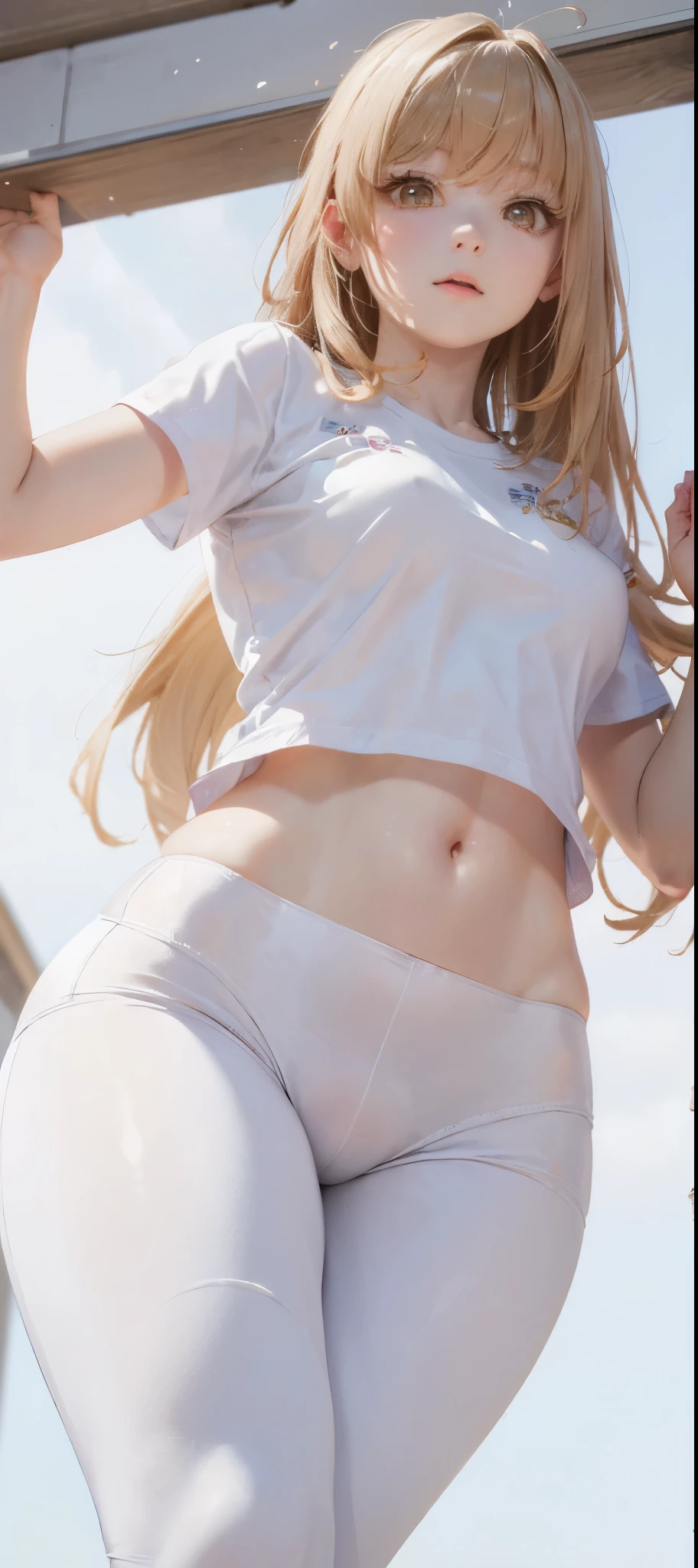 Optimal，masterpiece，High resolution，highest quality，（Upper body），cute face，，blonde hair、long hair、hair line，long eyelashes，drooping corners of the eyes，white skin，((shoot from below:1.5)), ((Wearing a tight white t-shirt:1.5)), ((tight yoga pants)). ((transparent nipples))、rocket , ((medium breasts:1.3))