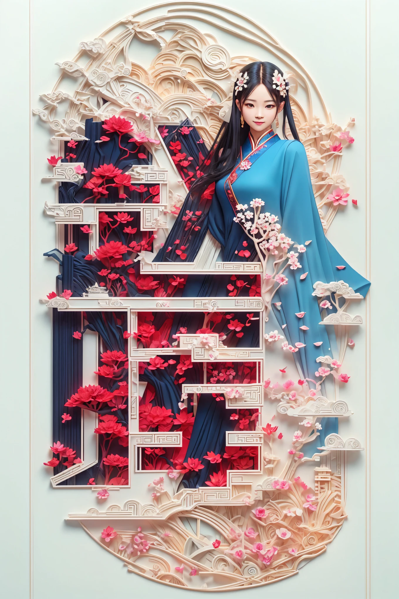 (Digital art)，Mountain, trees, river，flowers，lotus，1 girl, black hair, Smile,Exquisite Cheongsam,Beautiful hair accessories,(Oriental elements, Chinese color, Advanced color matching), (3D sculpture，Render by Octane，Volumetric light，natural soft light，), (Super exquisite:1.2, Loss of focus:1.2, Very colorful, movie lighting, chiaroscuro,Ray tracing), masterpiece, super rich,super detailed,8K