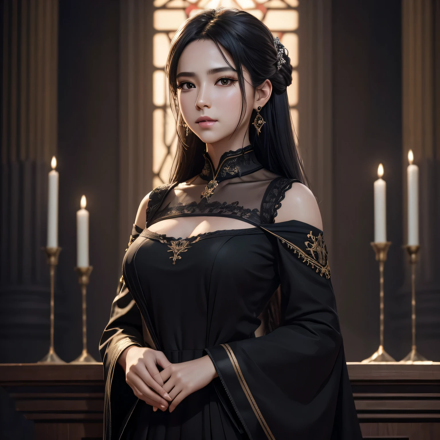 (Masterpiece), best quality, highest quality, highly detailed CG unity 8k wallpaper, original, high resolution, (depth of field: 1.5), fidelity: 1.3, breasts, portrait style, 1 girl, altar background, black dress, solo, earrings, black_hair, face the front