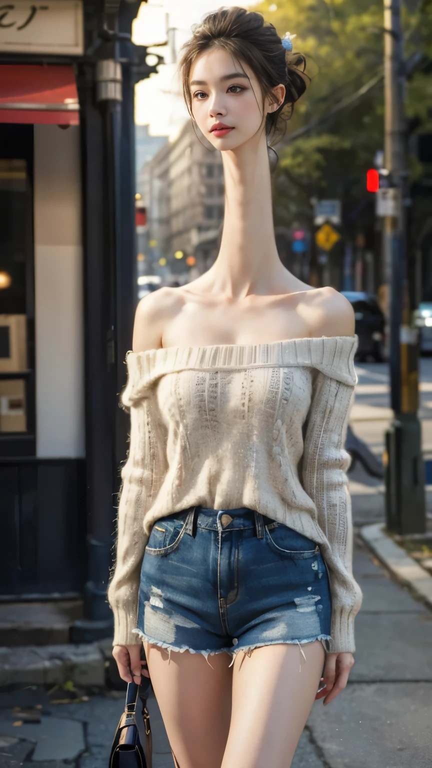 (masterpiece, best quality, ultra detailed, realistic:1.4), a young asian woman, (off-the-shoulder sweater and shorts), short messy hair, tall, slender figure, (longneck:1.35)