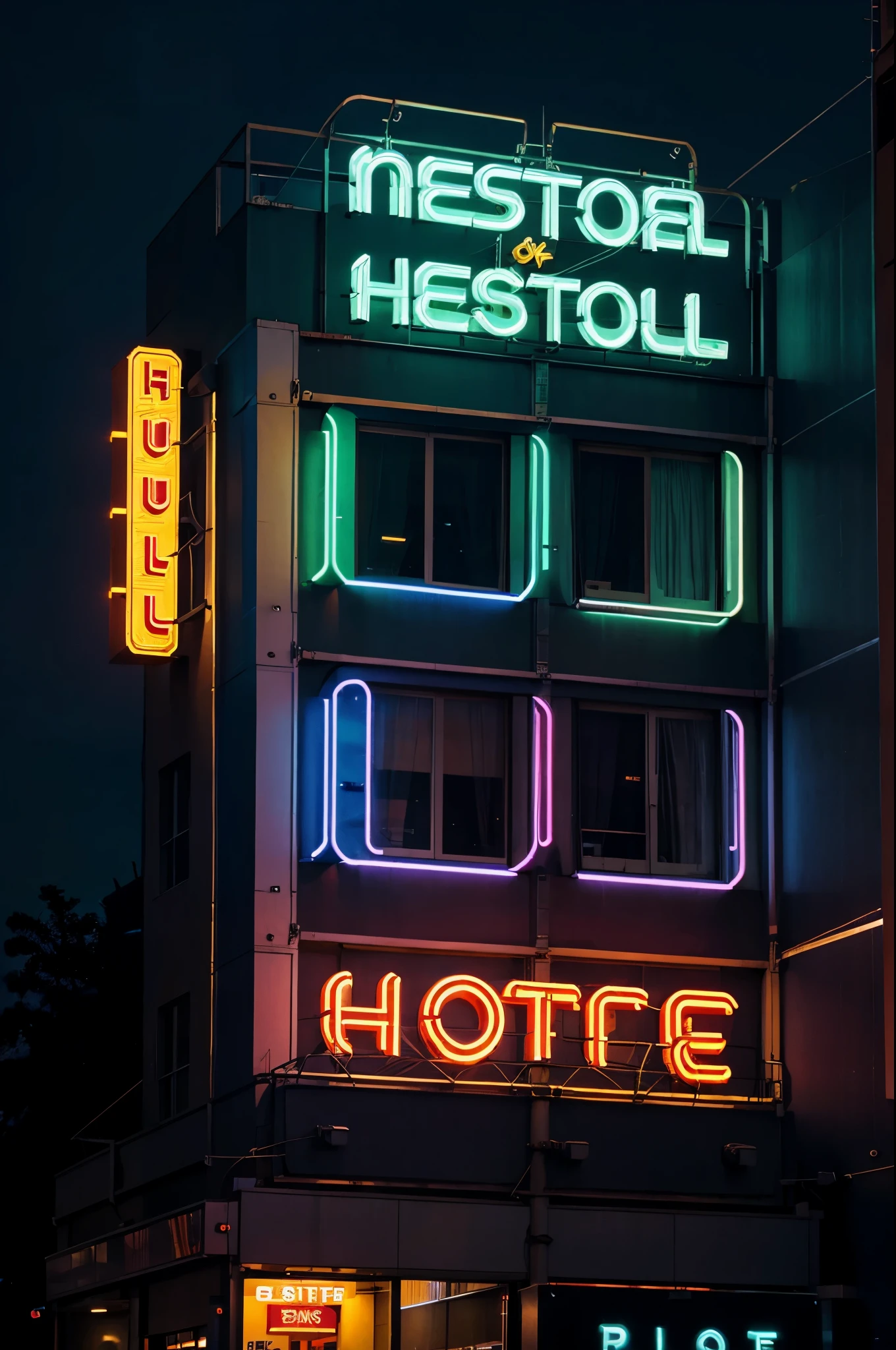 (masterpiece, best quality), best resolution, neon hotel sign at night