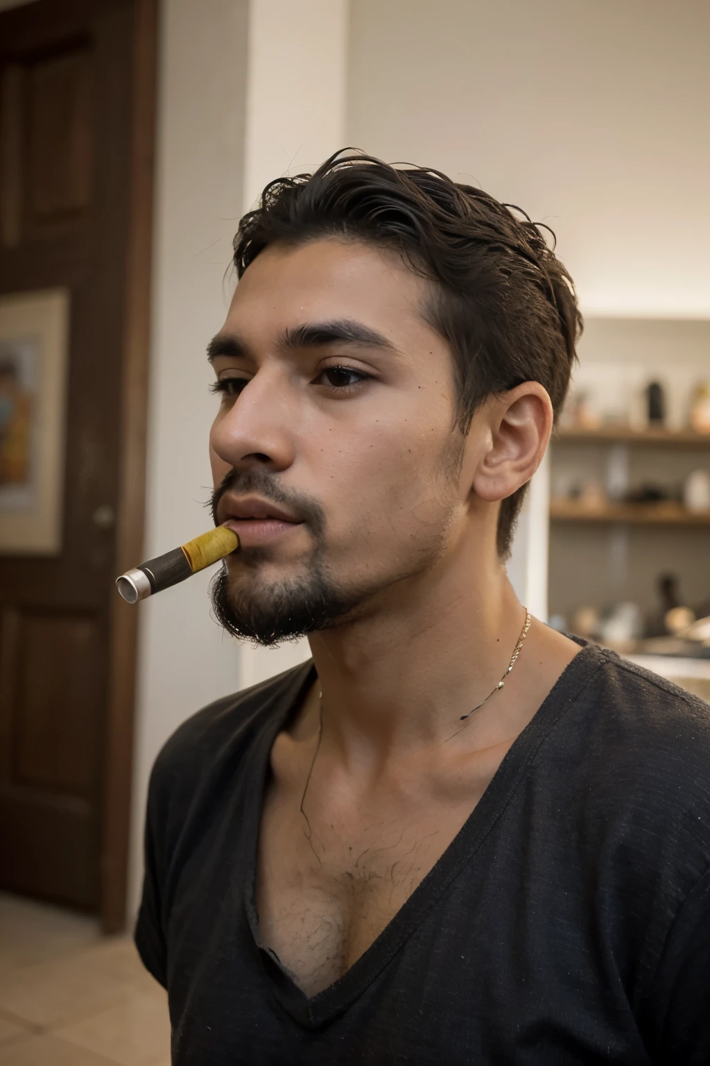((Melhor qualidade)), ((obra de arte)), (detalhado), rosto perfeito, chapeu de palha, homem idoso negro fumando cachimbo e segurando vela