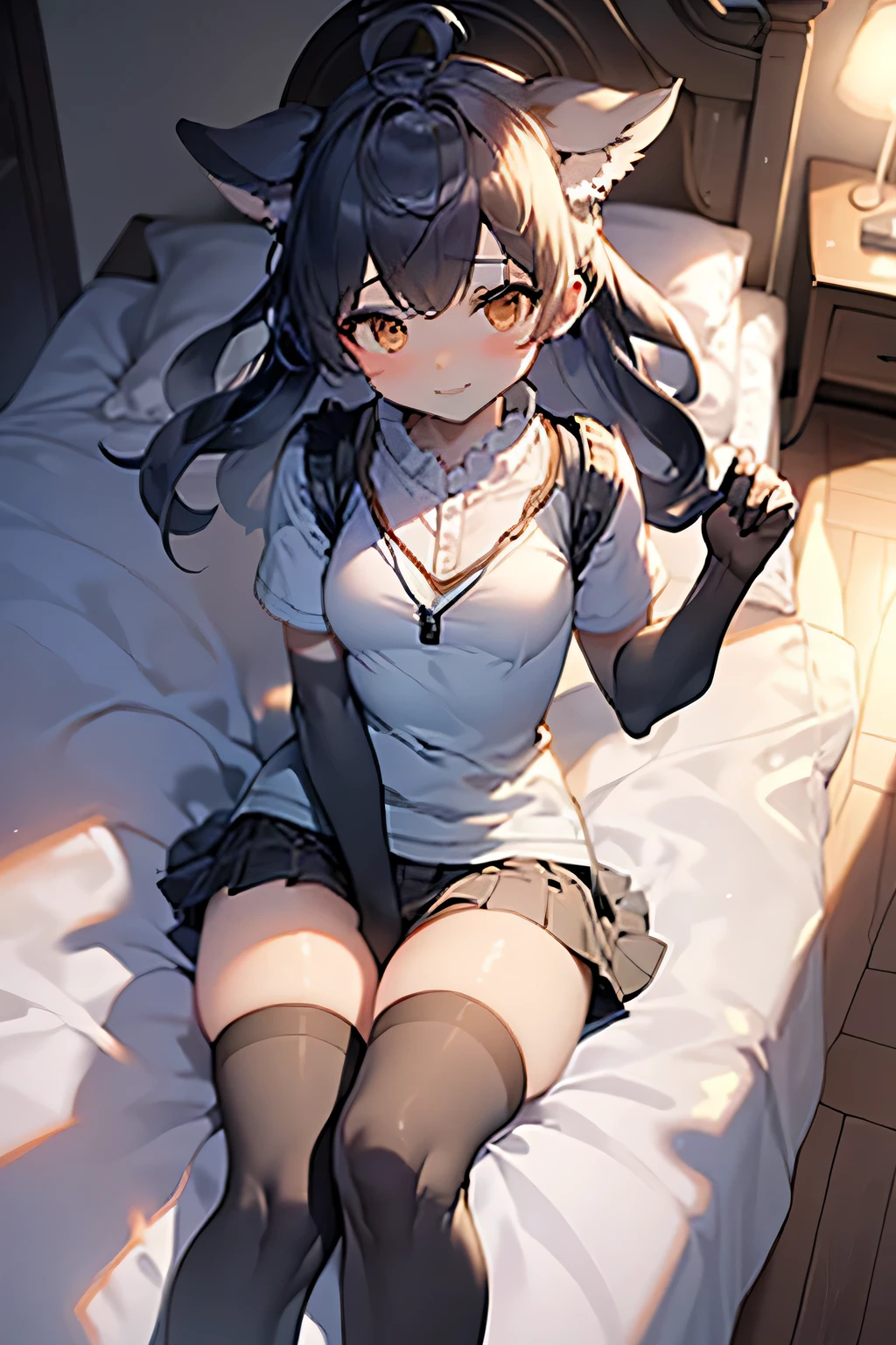 ((best quality)), ((masterpiece)), (detailed), thigh high socks, legs are the focus, in bed with blue cover bedroom