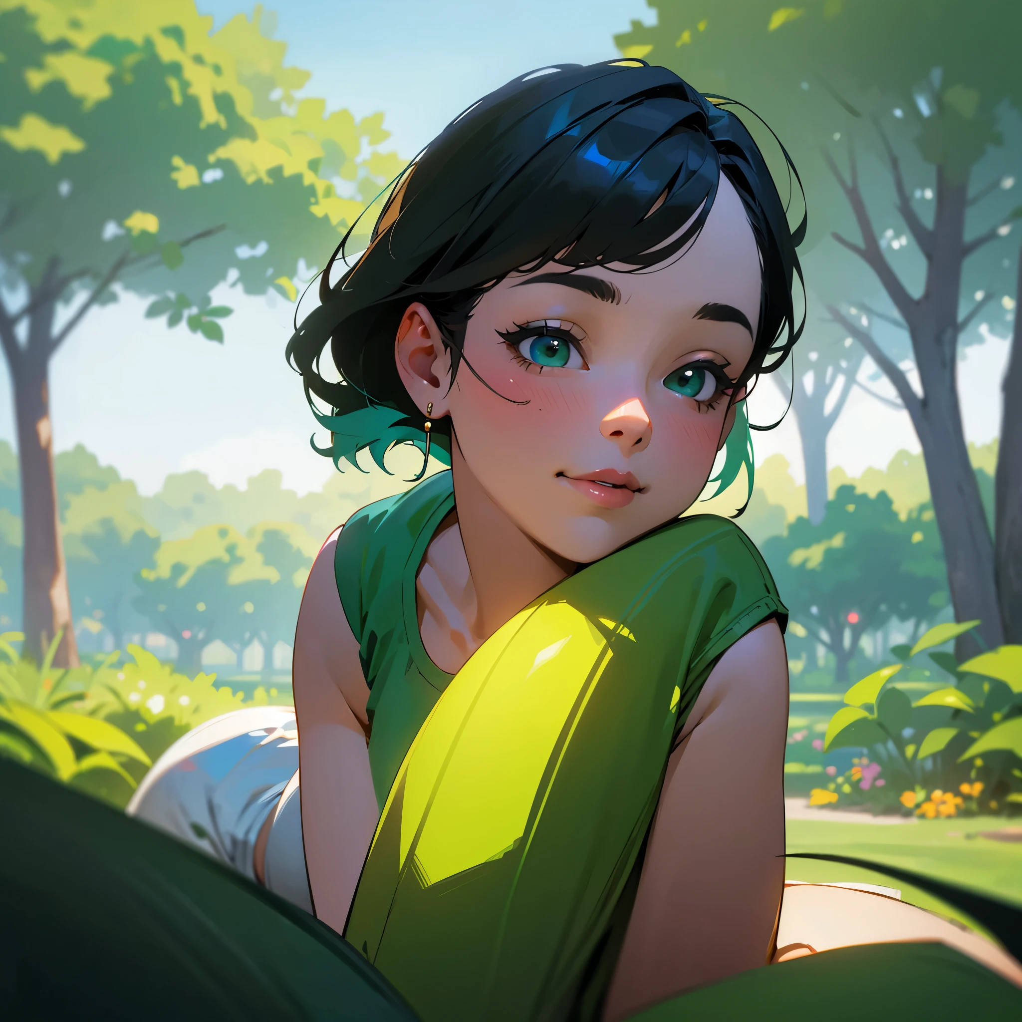 A woman farting in a park,realistic art,playful scene,green garden,[best quality,4k,highres,ultra-detailed],lighthearted,portrait,relaxed pose,vibrant colors,soft lighting
