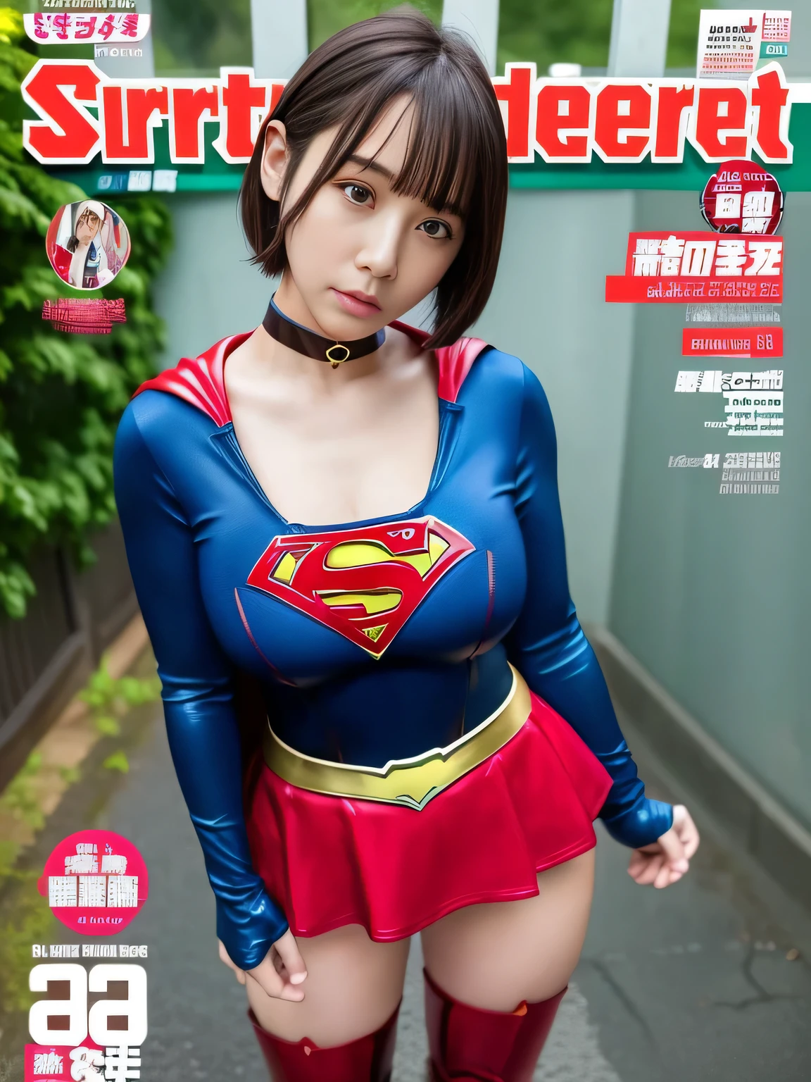 masterpiece、supergirl costume、short hair、enamel boots、big and full breasts、standing posture、model body shape、shiny、long sleeve、looking at camera、choker、red mini skirt、Weekly magazine cover、gravure magazine、sweaty、whole body、from right in front、Crisis situation、heavy rain、