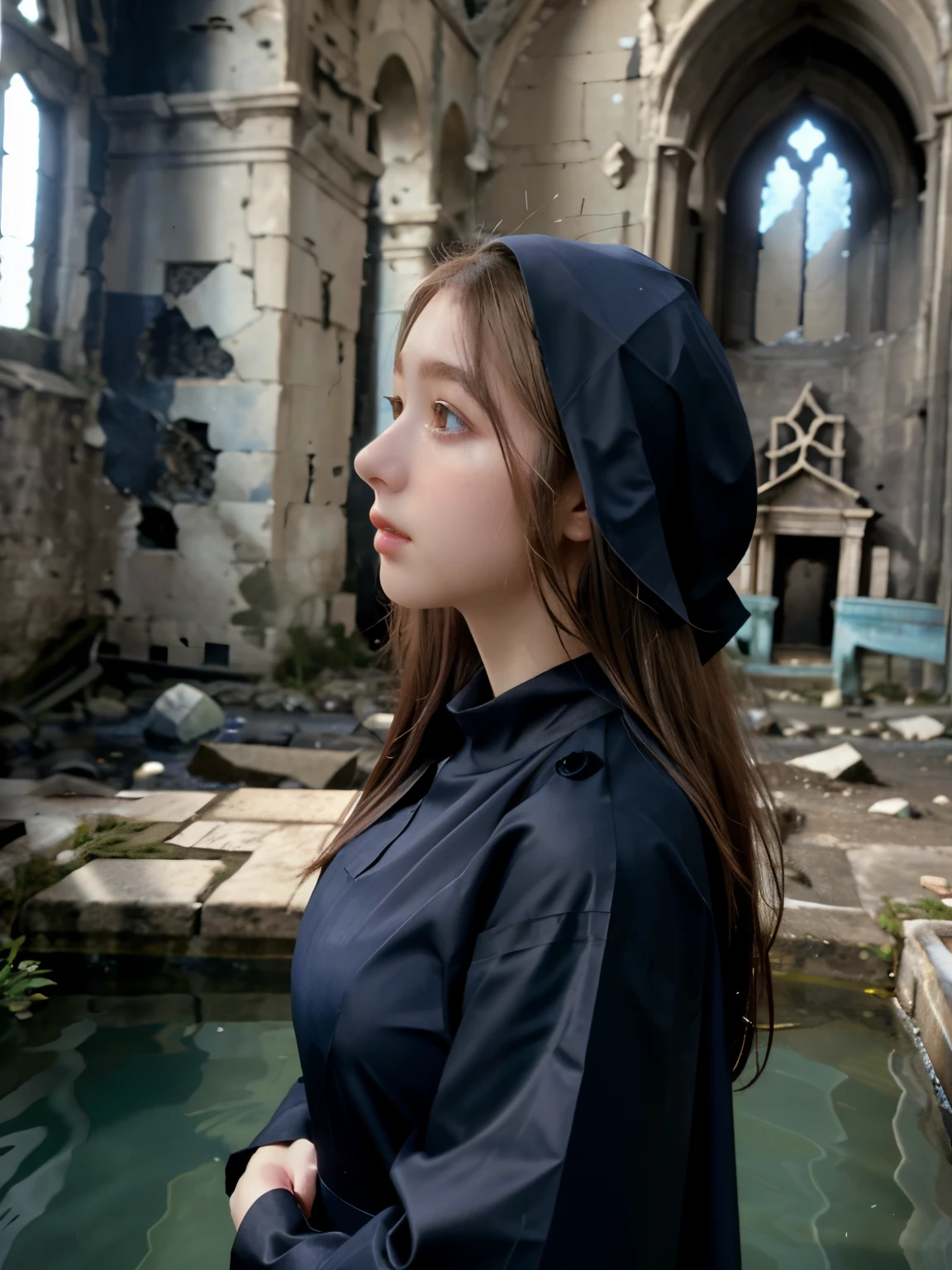 (4k), (highest quality), (best details), (realistic),cute french girl、whole body、blonde hair、wearing a dark blue cassock、Inside the submerged ruined chapel、pray、profile、very high nose