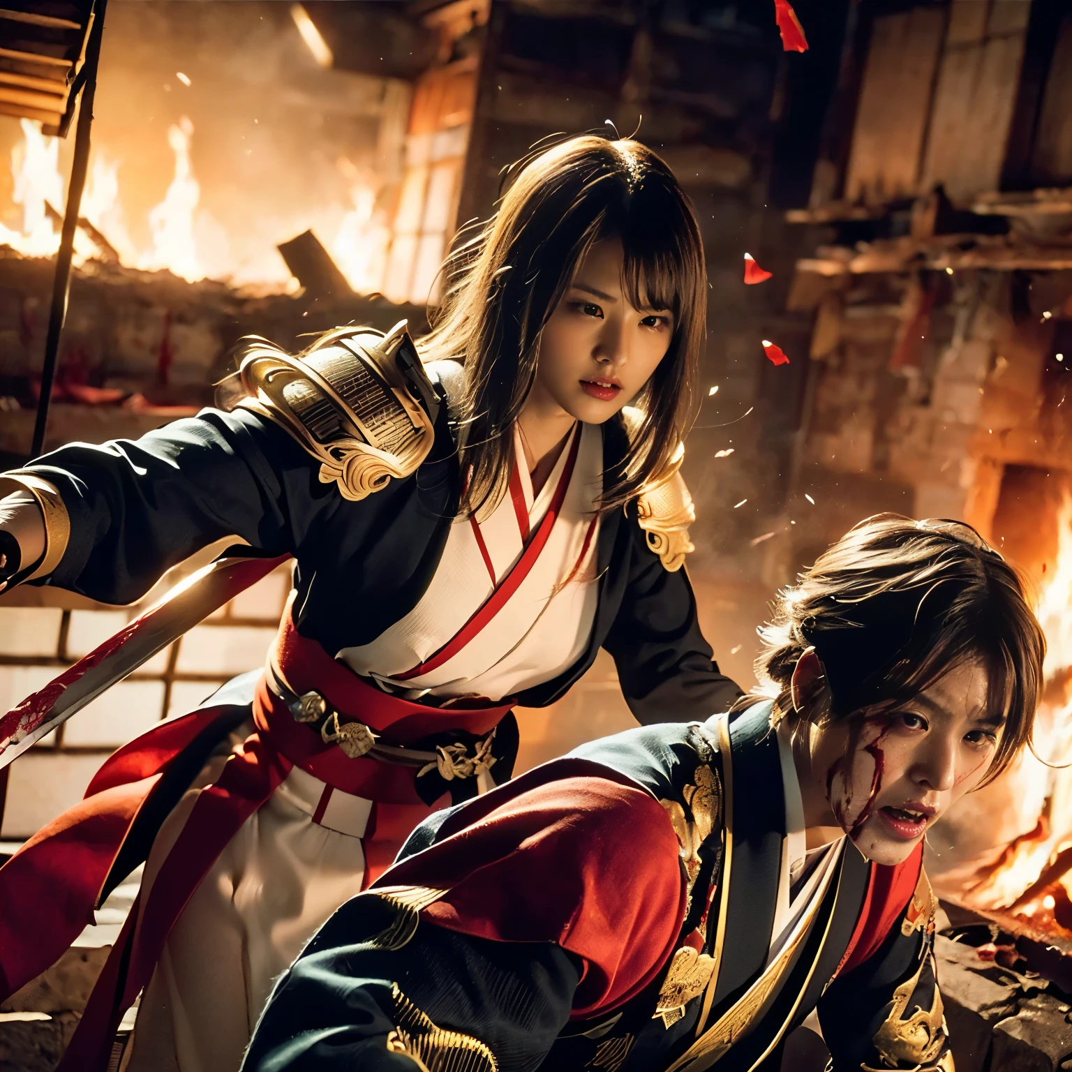(((Realistic, masterpiece, best quality, crisp detail, high definition, high detail, rich detail, sharp focus, colorful, perfect studio lightning))), 20 years old assassin,((( in the middle of a war, kasumi arimura, severely wounded, attack stance, swinging katana))), wearing (((fully decorated golden armor, armored kimono, blood scattered face, blood tears, blood bath, blood shed))), (((fire everywhere, blood everywhere, death everywhere, japan bakumatsu period, dead bodies,carcass,burned japanese castle,hellish,chaos)) traditional village background)