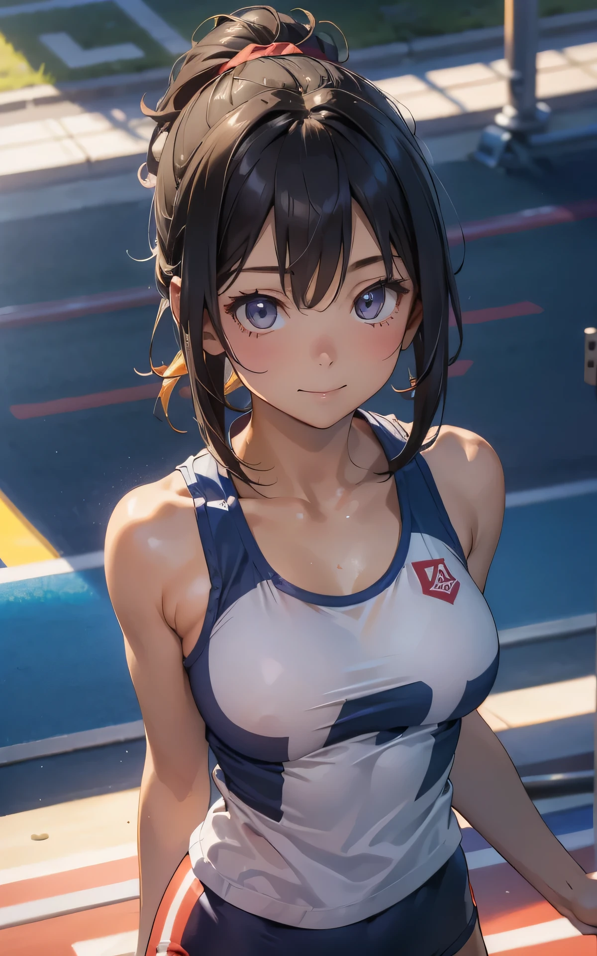 realisticlying,((upper body:1.3))、extremely detailed CG、high resolution、absurderes:1.8、detailed background:1.3、、detailed eyes:1.6、、、、、、 1 girl, track and field player, shiny skin、beautiful body、 ((buruma、 sleeveless track and field Tank top、big breasts, from above:1.4,))、(track and field cort, smile),