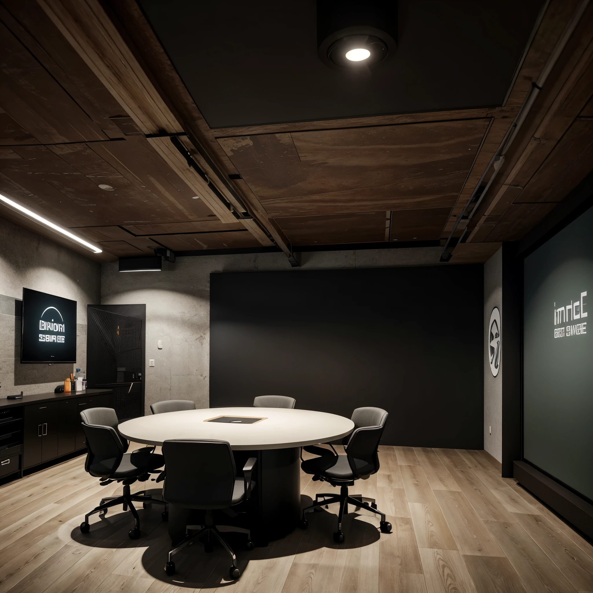 Rendering of the game studio’s conference room,Require:Modern and simple,Incorporate some technological elements,Dark tones predominate,There is a round conference table,Iron chair,There is a TV playing a game illustration on the wall