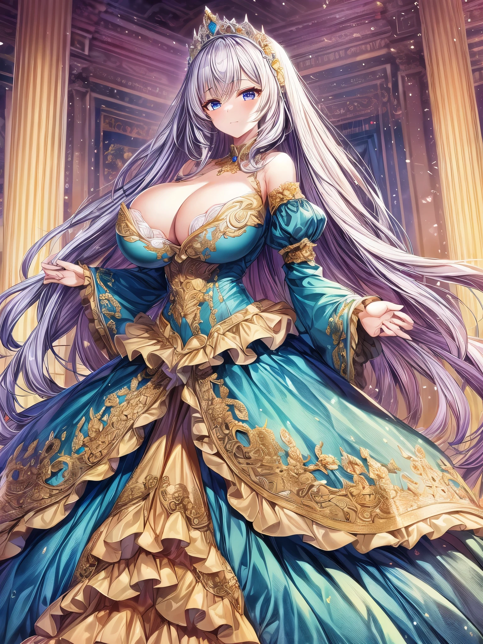 ((anime artstyle)),(Masterpiece),(Best Quality), (Super Detail),(((Very Delicate and Beautiful))),Solo,full body,((full body portrait)),((1 gorgeous bling-bling princess in beautiful embroidery and jeweled gorgeous rococo ballgown with voluminous full length hoop skirt)),detailed face and eyes,jewel-like eyes,((((absurdly gigantic tits)))),(((cleavage,curvy))),Skindentation,((castle,outdoor)),((crinoline,long train)),gorgeous princess rococo ballgown with voluminous full length hoop skirt and long train,(((bling-bling gorgeous rococo ballgown with beautiful embroidery and jeweled))),((large amount of straight hair, absurdly long hair,Very Long Straight Hair)),extremely gorgeousfull hair ornament,(bling-bling extremely gorgeousfull jeweled tiara),luxurious jewelry,full body,((bling-bling beautiful embroidery and jeweled gorgeous rococo ballgown with voluminous full length hoop skirt))