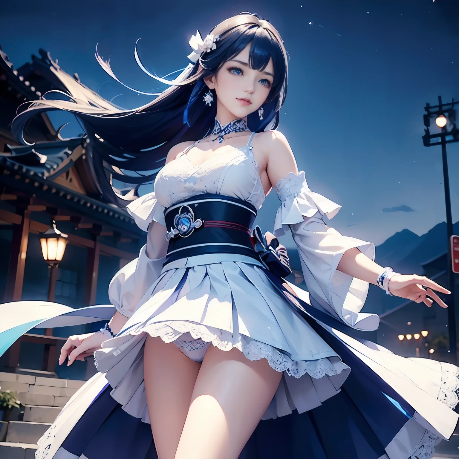 Vulgar,low angle,from below,very windy,skirt lift,panty shot,((white elegant beautiful panties)),(1girl),(Raiden Shogun in Genshin Impact), ((masterpiece, highest resolution,best quality)), (beautiful illustration),(semi long beautiful dark blue hair),(beautiful blue eyes), (white elegant see through camisole), (looking at the viewer),
 innocent smile, white over-kneehighs,Lace chalker, wristband, fingerless gloves, over-kneehighs,
Lace chalker, diamond necklace,wristband, fingerless gloves, earrings, windy,cinematic lighting, night, neon,entertainment street,