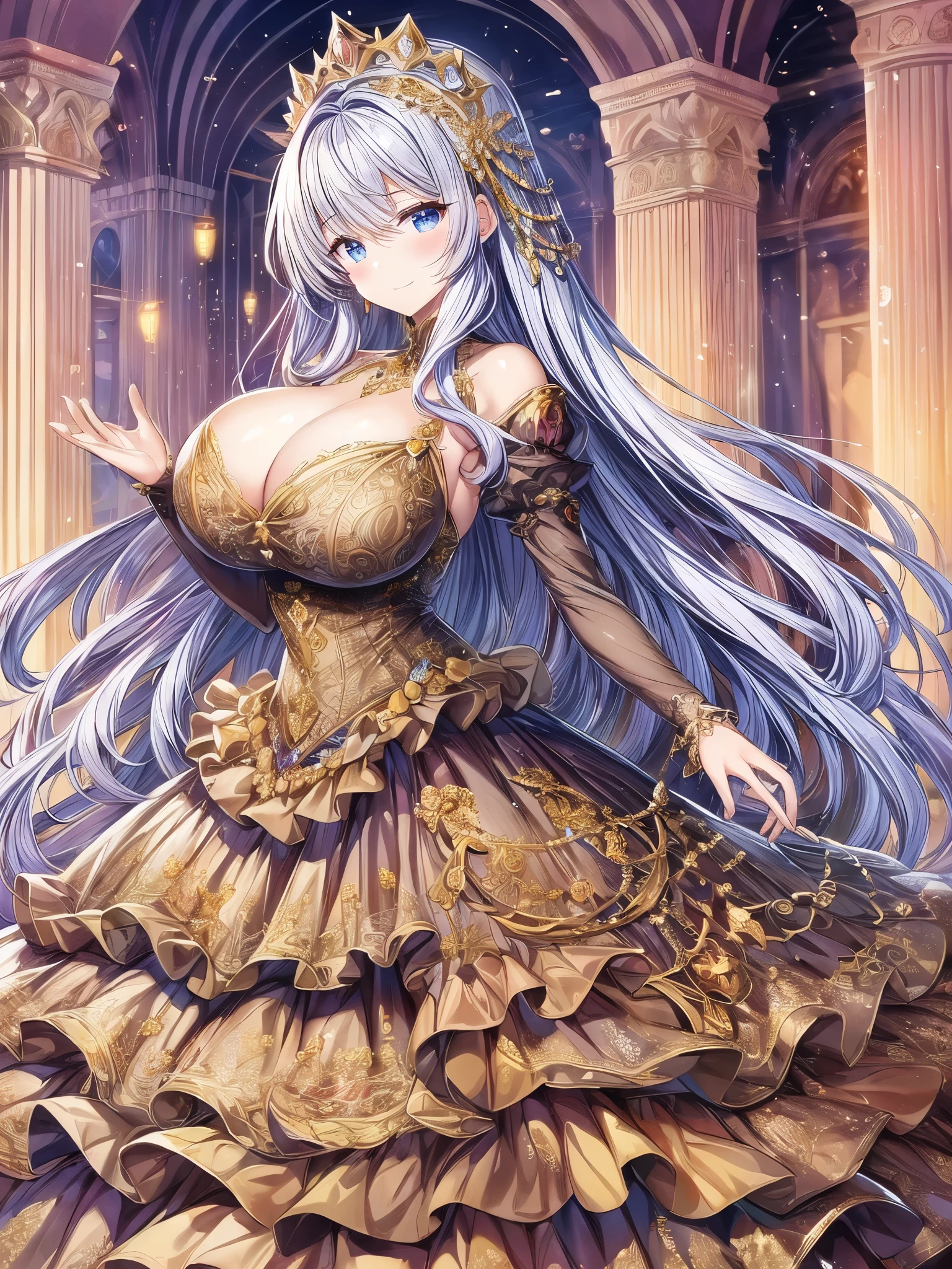 ((anime artstyle)),(Masterpiece),(Best Quality), (Super Detail),(((Very Delicate and Beautiful))),Solo,full body,((full body portrait)),((1 gorgeous bling-bling princess in beautiful embroidery and jeweled gorgeous rococo ballgown with voluminous full length hoop skirt)),detailed face and eyes,jewel-like eyes,((((absurdly gigantic tits)))),(((cleavage,curvy))),Skindentation,((castle,outdoor)),((crinoline,long train)),gorgeous princess rococo ballgown with voluminous full length hoop skirt and long train,(((bling-bling gorgeous rococo ballgown with beautiful embroidery and jeweled))),((large amount of straight hair, absurdly long hair,Very Long Straight Hair)),extremely gorgeousfull hair ornament,(bling-bling extremely gorgeousfull jeweled tiara),luxurious jewelry,full body,((bling-bling beautiful embroidery and jeweled gorgeous rococo ballgown with voluminous full length hoop skirt))