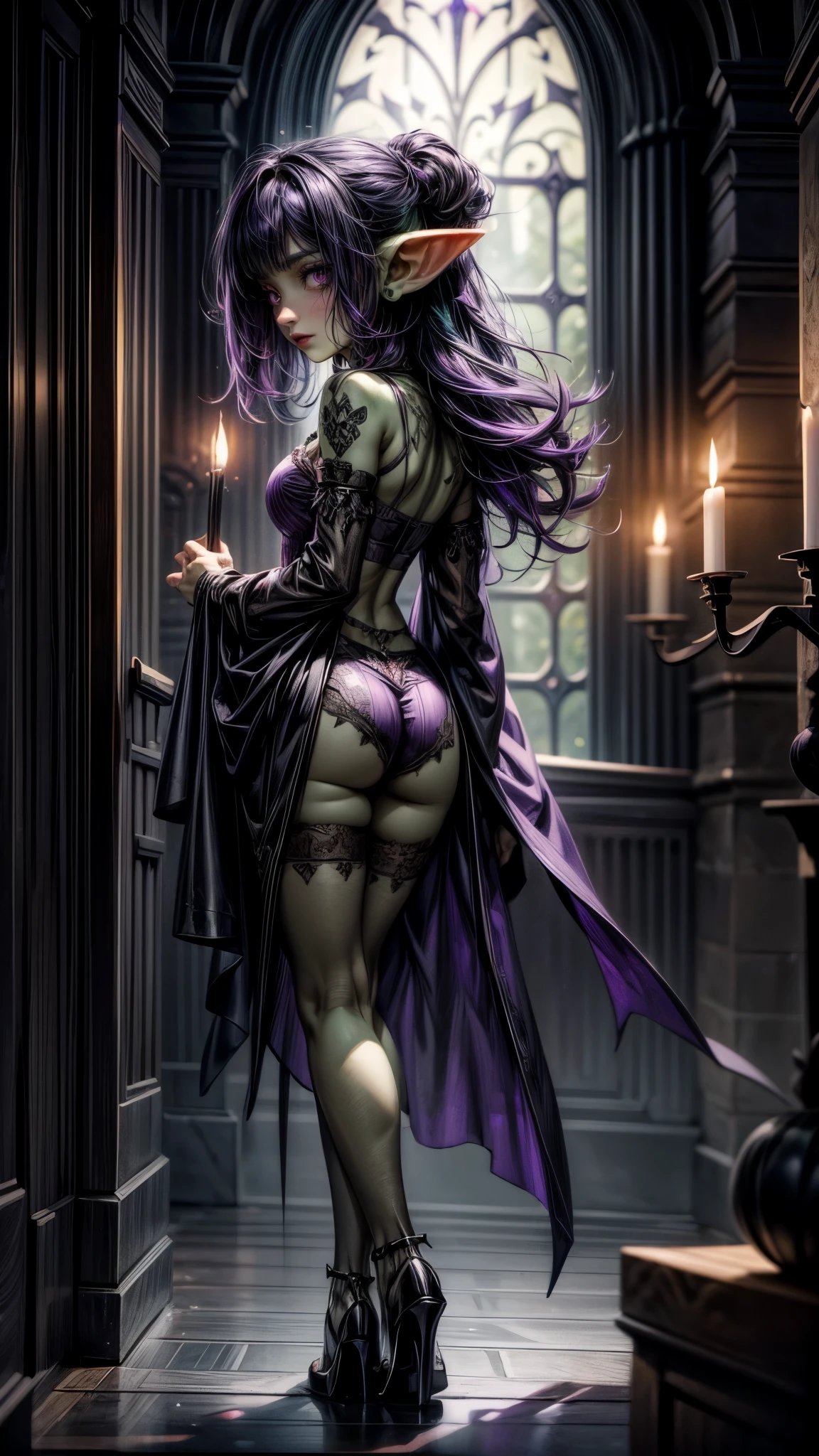 ((best quality)), ((masterpiece)), (detailed), dark gothic horror style, halloween style, very small goblin girl, green skin, pointy ears, short purple hair with black streaks pixie hairstyle, wearing very ornate purple gothic lingerie with sheer black see through robe, aloof expression, looking down on viewer, bright red eyes, full body, low camera, in dark stone castle corridor with torches lining the walls, walking, profile, superior attitude, sassy, smug, focus on face, looking at viewer, holding skull with purple flames inside