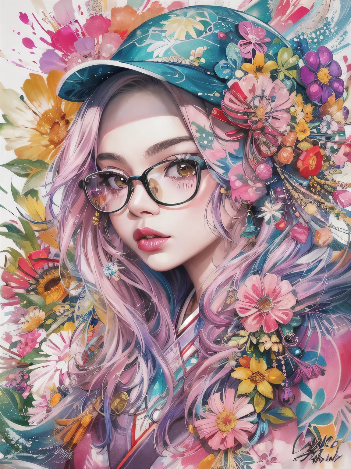 8K quality, Sylvia Pelissero watercolors, intense watercolor, watercolor detailed art, watercolor splash, surreal, avant-garde pop art, Beautiful and expressive paintings, Beautiful artwork illustration, very colorful tones, wonderful, cool beauty, highest quality,official art, vector art,stylish design, (((The strongest beautiful girl of all time))), (((Japanese)))、Horikita Maki、clear, stylish glasses, Fashionable hats, (((highest quality))), bob hair, lips in love, HDR, ((Detailed details)), stylish fashion, detailed clothing texture, (((graffiti art))), colorful hair, ((masterpiece))、((Super detailed))、(((colorful flowers)))、Colorful Hearts