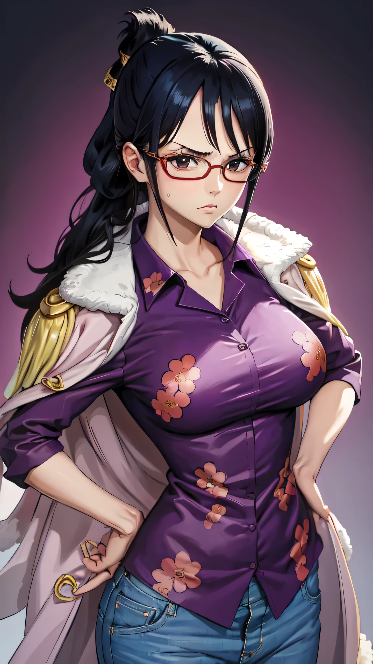 masterpiece, best quality, tashigi, black eyes, folded ponytail, eyewear , coat on shoulders, purple shirt, blue pants, cowboy shot, looking at viewer, hands on hips, large breasts, from above, serious, village 