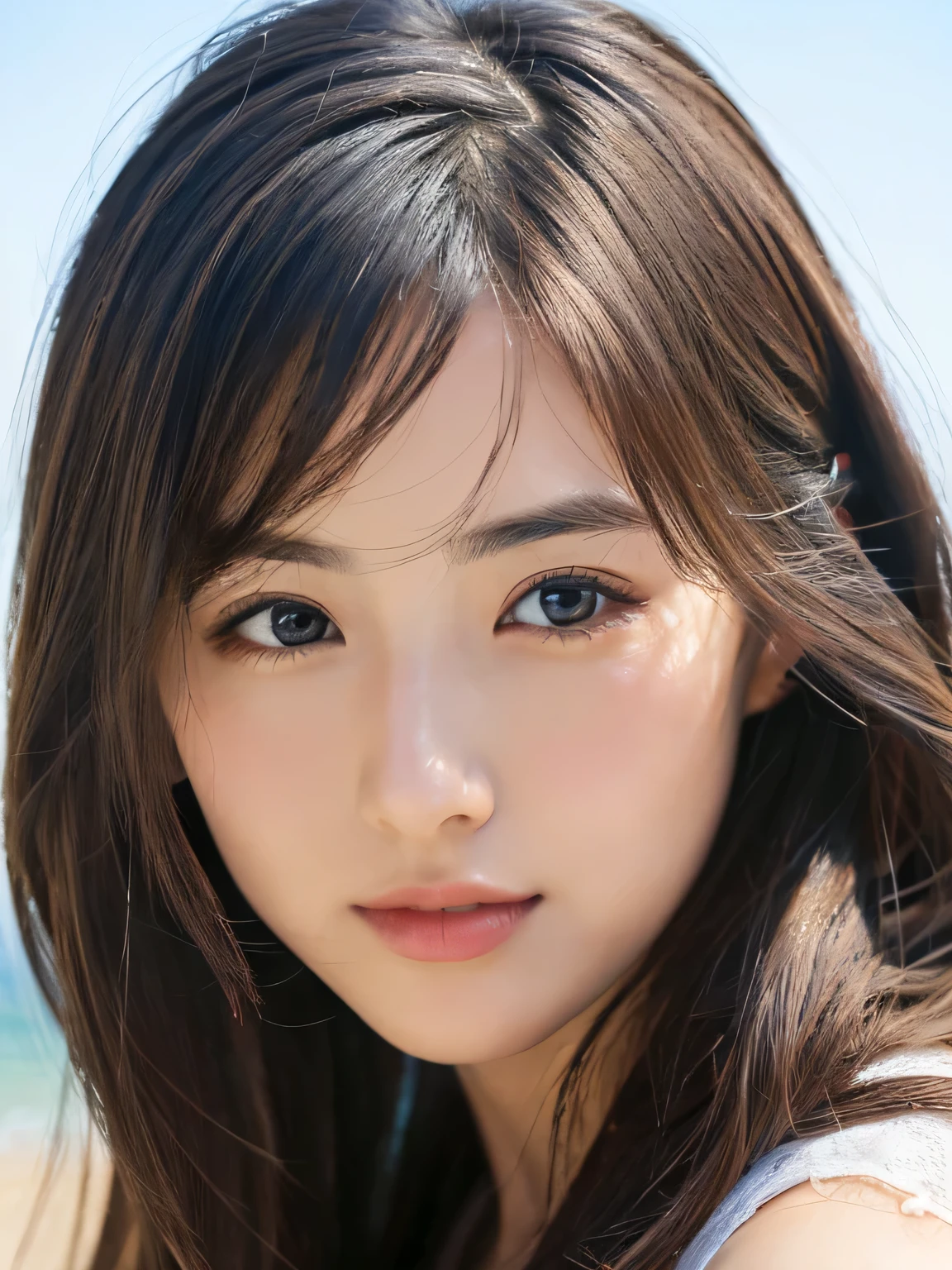 (((32k,high details,high detail、masterpiece,attention to detail,alone))),Raw photo & realistic atmosphere,beautiful dark blue eyes,detailed mouth,glossy lips,thin eyebrows,fine eyes、Soft white skin that shines in every detail、her deep black eyes are so beautiful,lip details、very beautiful face,very well-shaped face、lifelike face,shining beautiful lips,beautiful eyebrows,infinite reality, Realistic young idol sculpture,she'she'she'she'she'she'she'very cute woman , idol sculpture, young idol sculpture, Very beautiful and cute 22 year old beauty,incredibly beautiful and classy,22 year old beauty,natural soft light,(shiny hair,,Beautiful and kind eyes:1.5),gentle smile,well-shaped chest,medium long hair,tie hair,beautiful posture,no makeup,think ahead,whole body,Ocean,