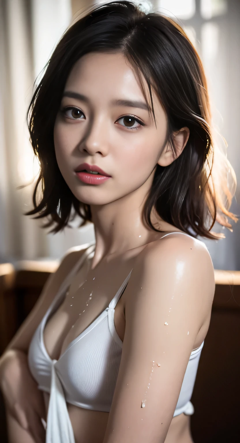 (Shirame:1.5), thin, table top, top quality, Raw photo, realistic, face, incredibly absurd, beautiful girl, cute,messy short hair, Depth of the bounds written, High resolution, Super detailed, small details, very detailed, very detailed eyes and face, sharp pupils, realistic student, sharp focus, cinematic lighting, uniform, Sit straight with your knees bent, white pants visible from the skirt, No bra, (In underwear), I can see your shoulders, bumps on the nipples, female , my shirt is wet, exposed shirt、I can see your sexy collarbone, not wearing anything under the shirt, small bust, squat, angle from below, spread legs, Knees and knees apart, Spread your fingers on the bed、 , fascinating look, pinch one's feet with one's hands, Blushing squatting pee,