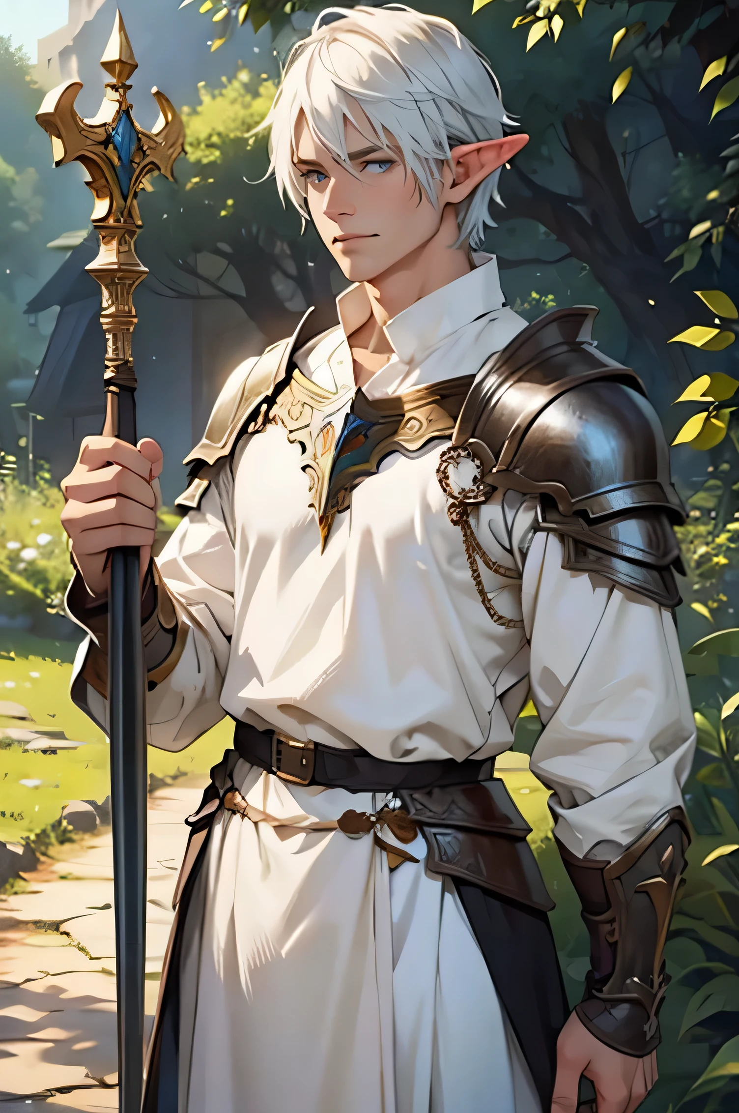 (best quality, ultra detailed, realistic: 1.37), male elf druid, adult face, short white hair, blue eyes, medium armor, staff in right hand, nature background, vibrant colors, soft lightin