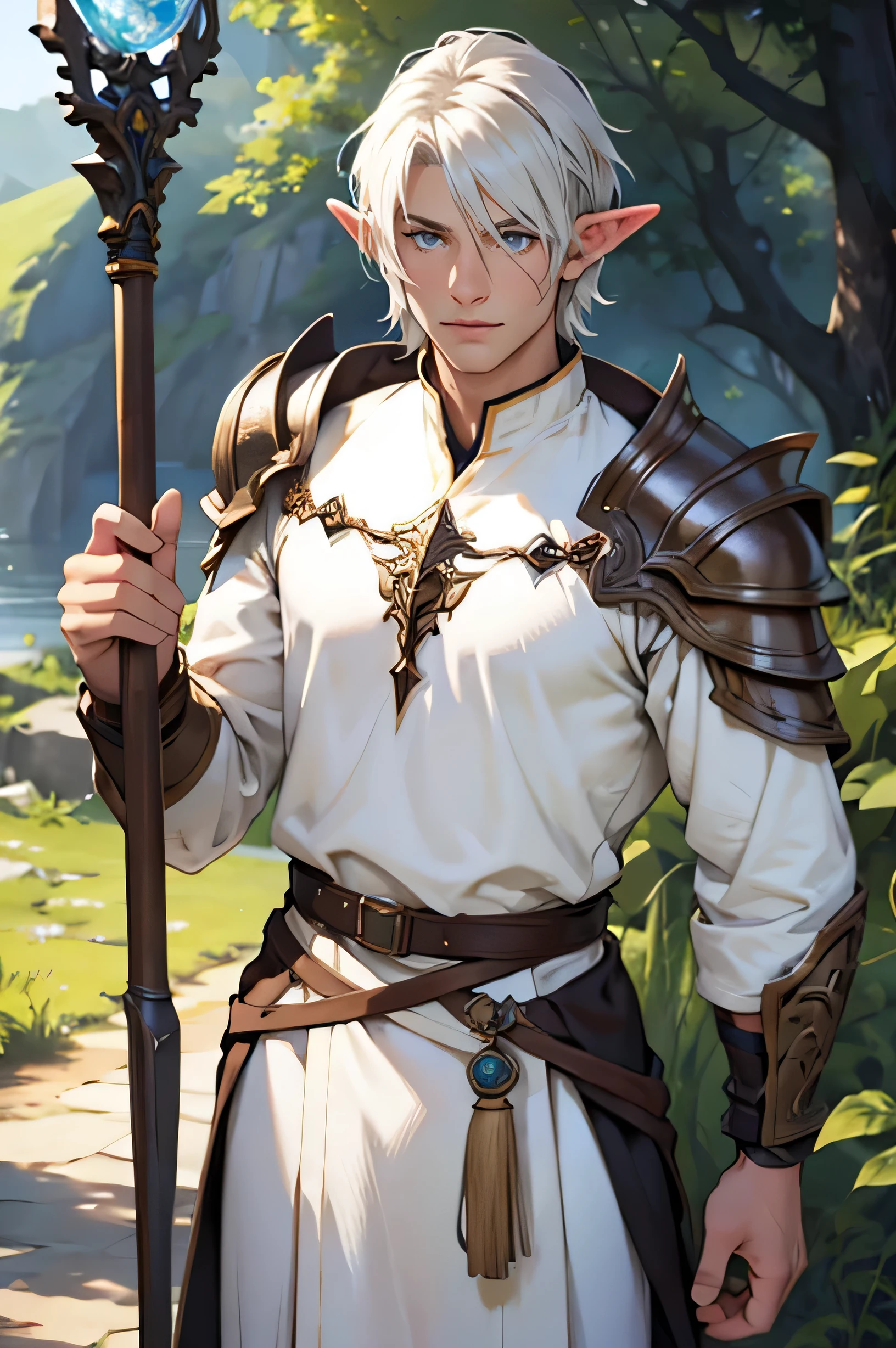 (best quality, ultra detailed, realistic: 1.37), male elf druid, adult face, short white hair, blue eyes, medium armor, staff in right hand, nature background, vibrant colors, soft lightin
