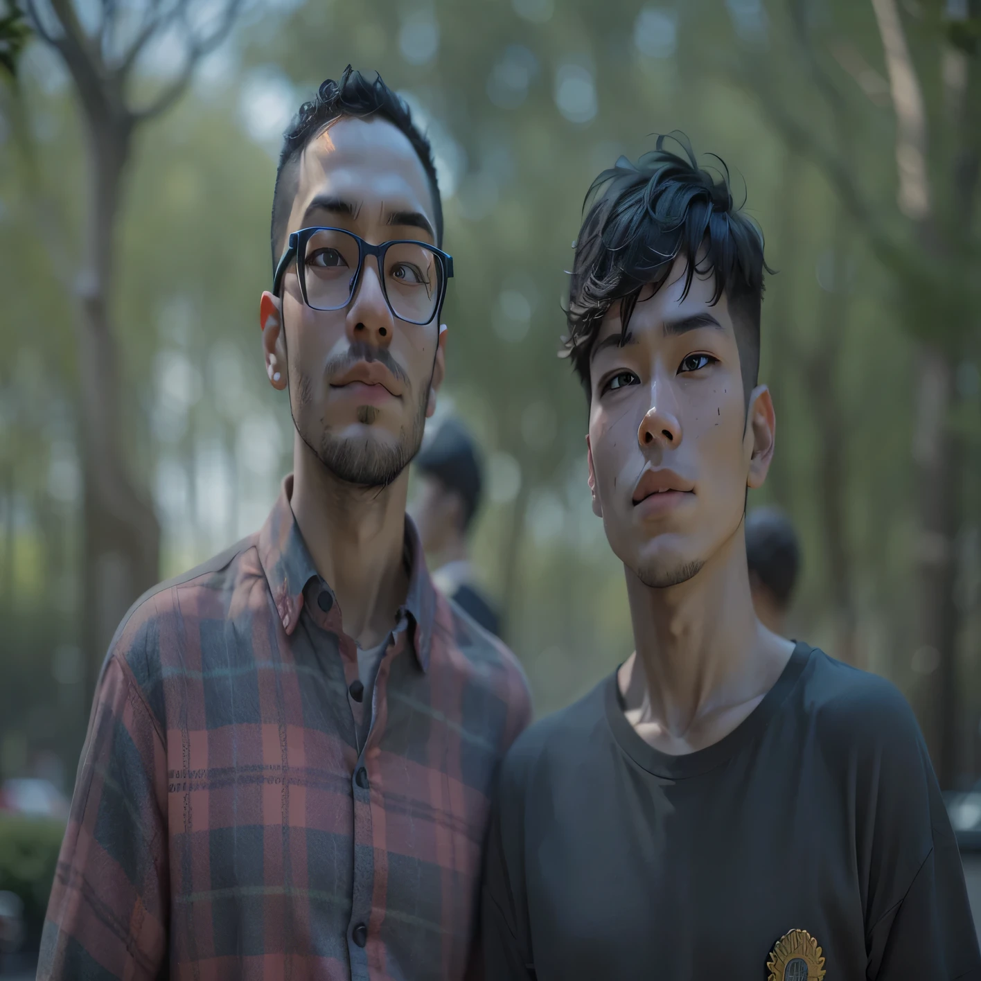 there are two men standing next to each other in a park, two young men, hidari and vlop, portrait shot 8 k, medium shot of two characters, proud serious expression, portrait of two people, taken with canon 5d mk4, dramatic portraiture of namenlos, shot on canon eos r5, shot on canon eos r 5