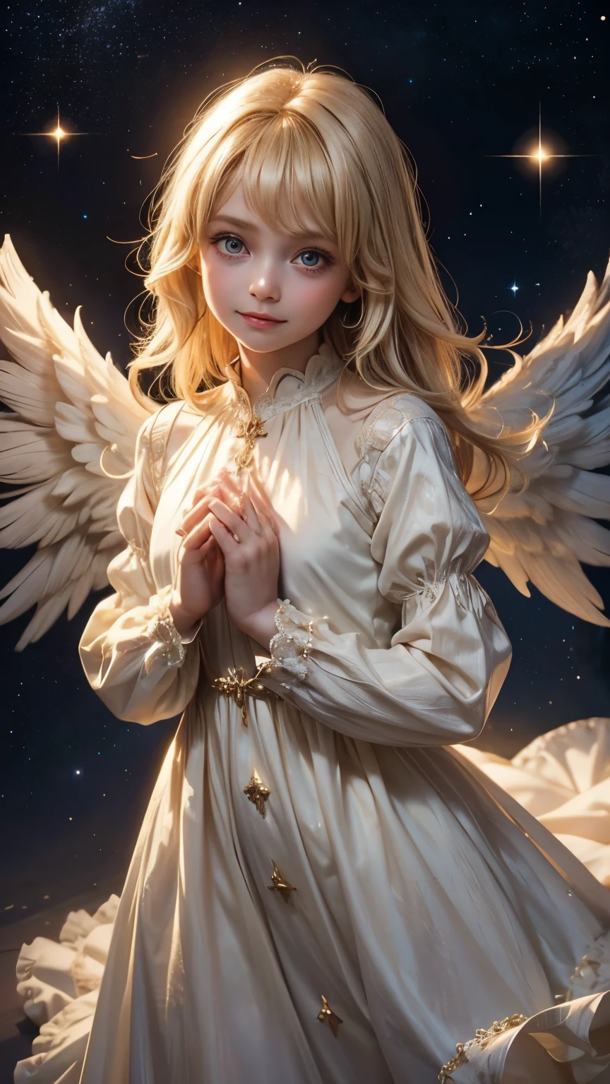 from front, looking straight at viewer, from above:1.2,   angel, gentle smile, big eyes, blonde, A neat dress with sleeves that hide the chest, Angel wings on the back, Glowing space background, Prayer-like pose, photorealistic