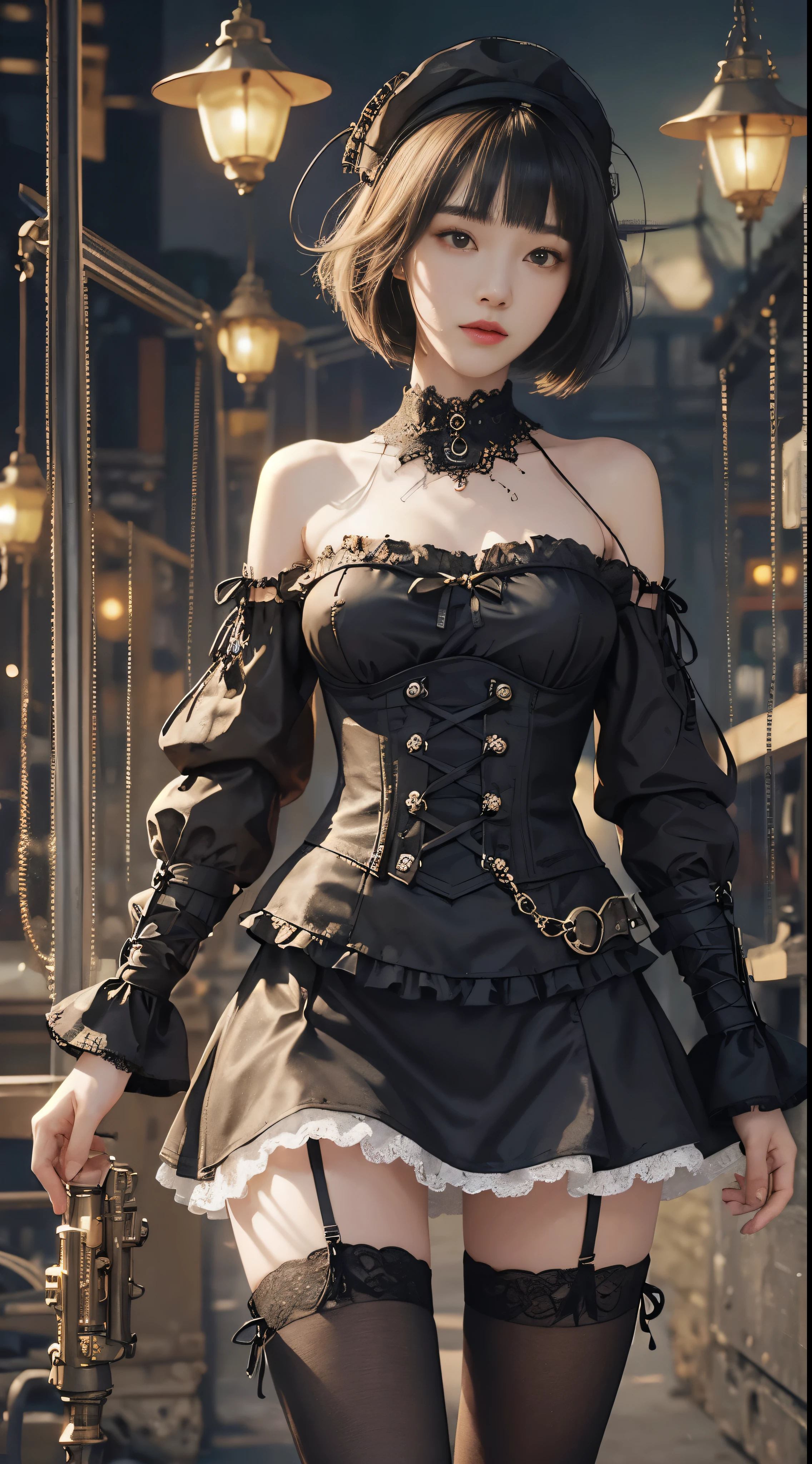 (((masterpiece, highest quality, Super detailed))), 1 female, (((very thin body))) , (((length, thin legs))), (((black short bob, thick fluffy bangs ))), (((highly detailed face))), No cosmetics, small and thin nose, thin mouth with small lips, (((Very sharp focused eyes))), Precise pale gray eyes with large slits, shine like a jewel, length eyelashes, ((Highly decorative intricate mechanical steampunk fashion, Lace Flare Mini Skirt, above the knee lace stockings, Lace Off Shoulder Lolita Fashion, Overly decorative fashion)), Abandoned Night, Complex mechanized steampunk factory catches fire and explodes, (((Overall accuracy has been dramatically improved, creating a Super detailed and realistic image))),  super realistic photos, (((steampunk gun)))